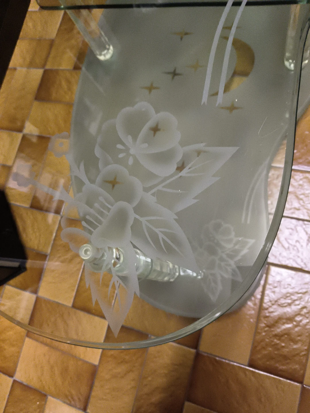 Glass Coffee Table with Floral Etched Design