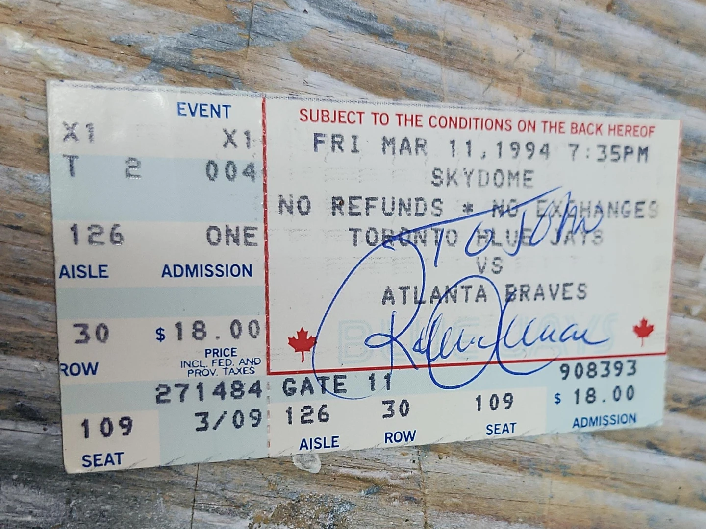 Toronto Blue Jays vs Atlanta Braves Ticket - March 11, 1994