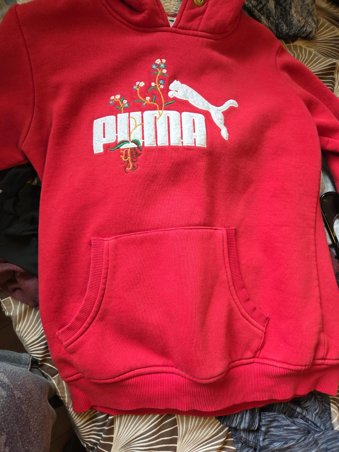 Red Puma Hoodie with Floral Embroidery