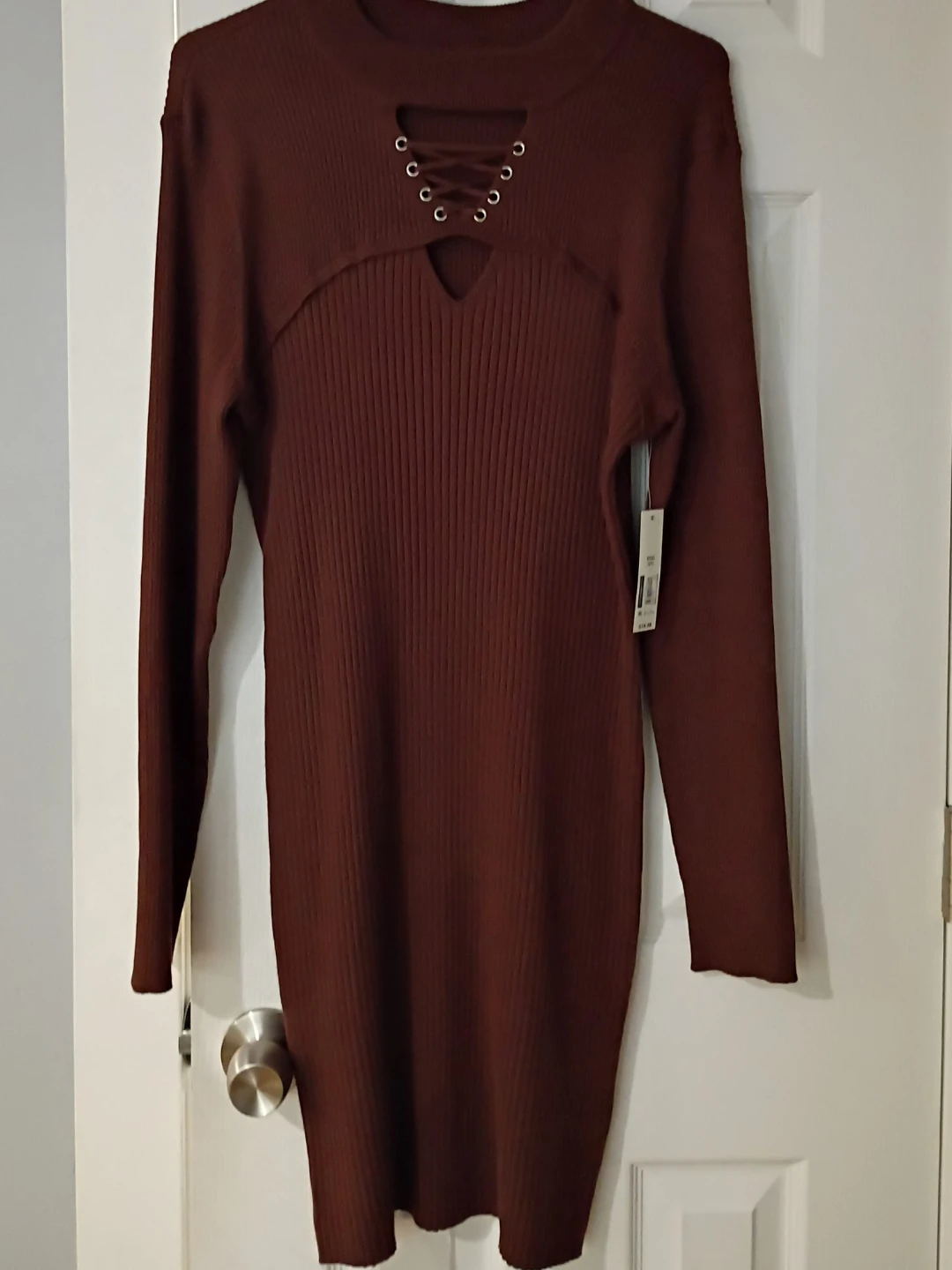 Ribbed Long Sleeve Lace-Up Dress