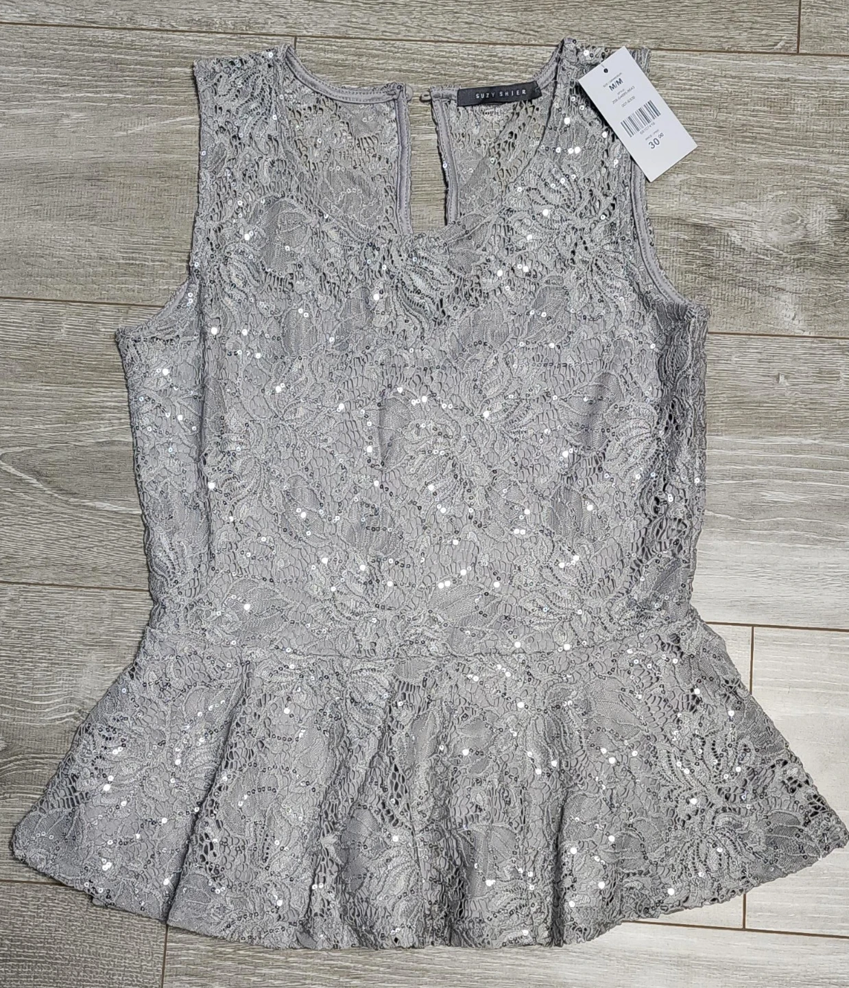 Suzy Shier Sequin Lace Peplum Top