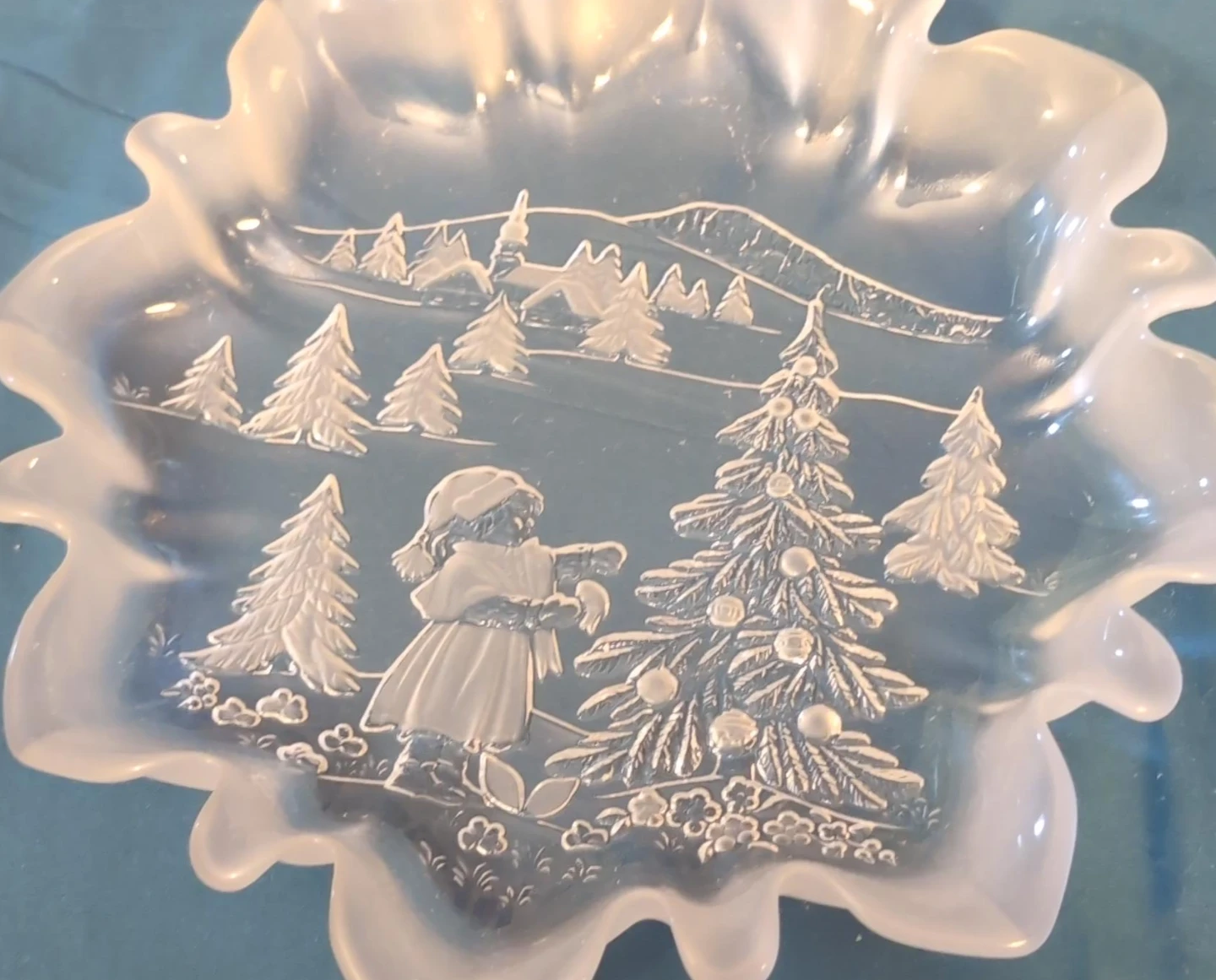Vintage Christmas Scene Frosted Glass Bowl