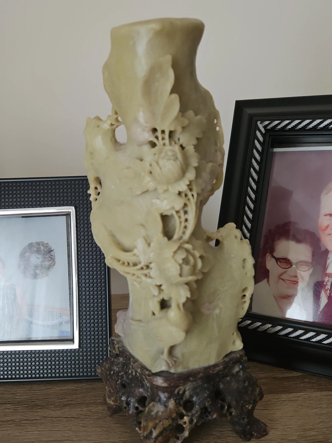 Hand-Carved Soapstone Vase with Wooden Base