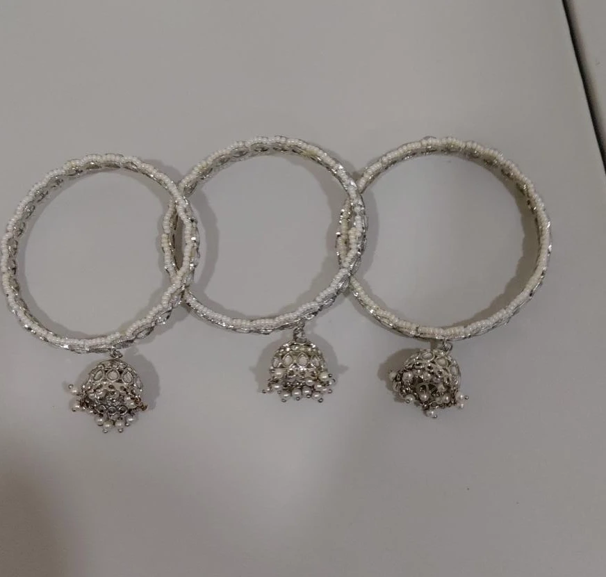 Set of 3 Silver Tone Pearl Jhumka Bangles