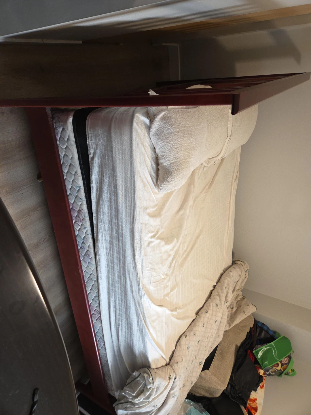 Queen Sized Cherry Hardwood Bed Frame, Mattress, and Boxspring