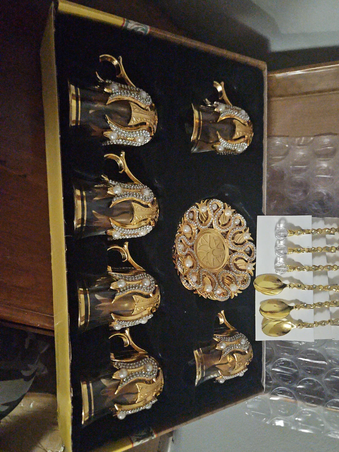 Brand new Turkish--Gold and Pearl Tea Cup and Spoon Set