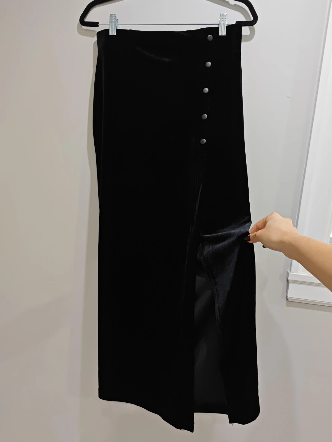 Black Velvet Maxi Skirt with Button Detail