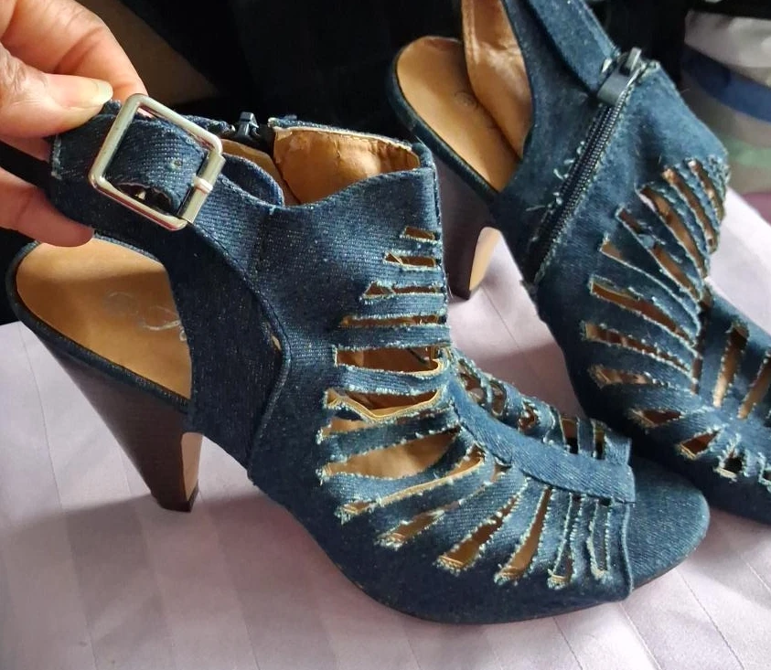 Denim Cut-Out Heeled Sandals