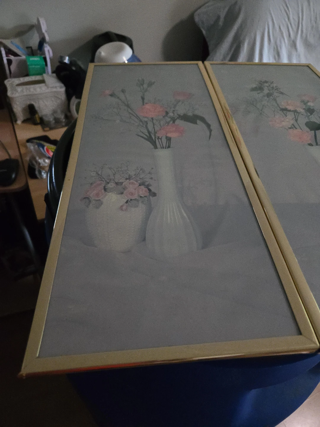 Set of Two Vintage Floral Art Prints in Gold Frames