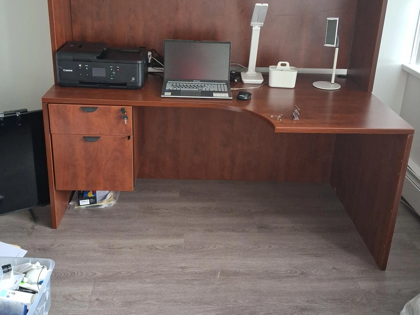 Large Wooden Desk with Hutch and Filing Drawer