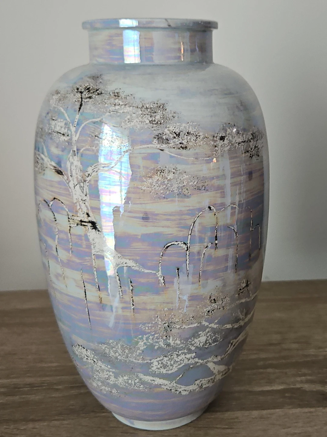 Iridescent Ceramic Vase with Tree Design