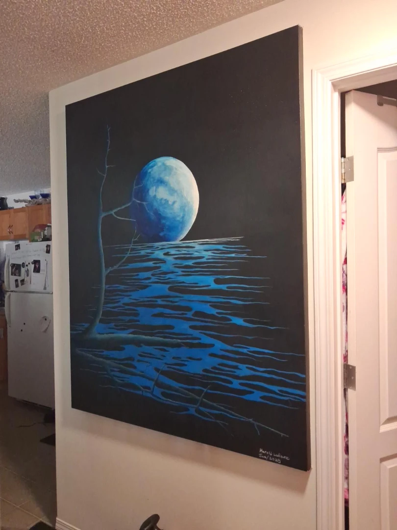 Huge Blue Moon Night Landscape Painting