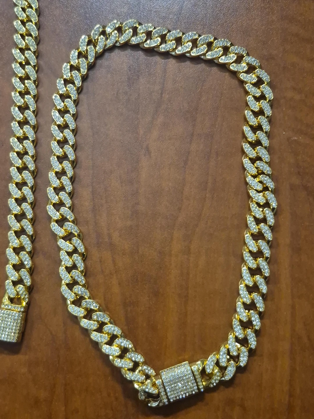 Gold-tone cuban link chain with rhinestones