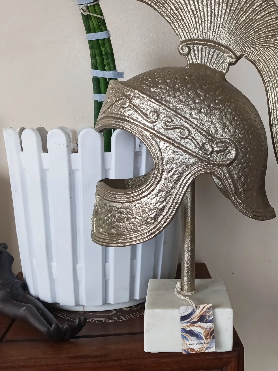 Hand Made Metal Spartan Helmet Decor on Marble Base