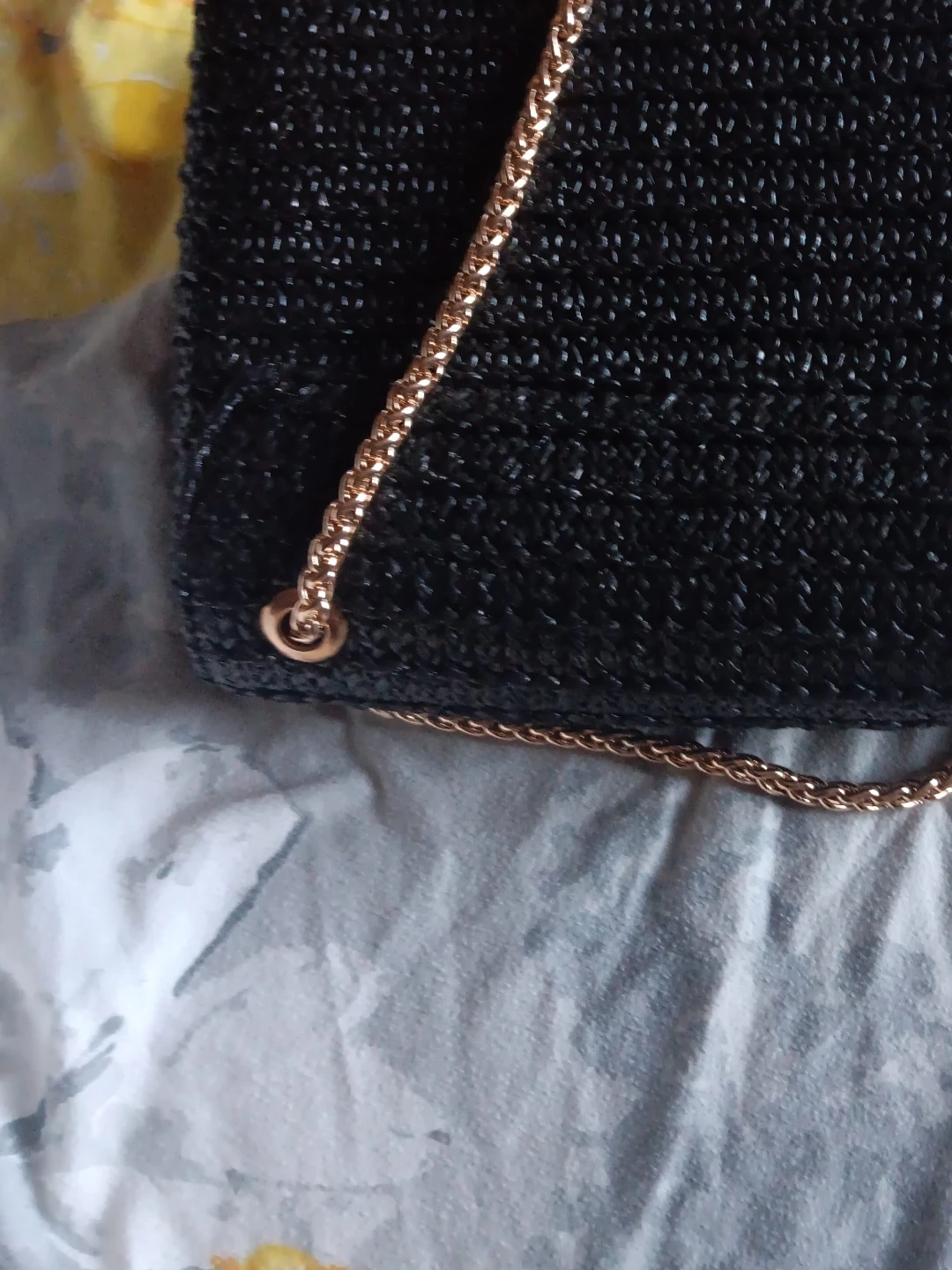 Black Woven Shoulder Bag with Gold Chain Strap