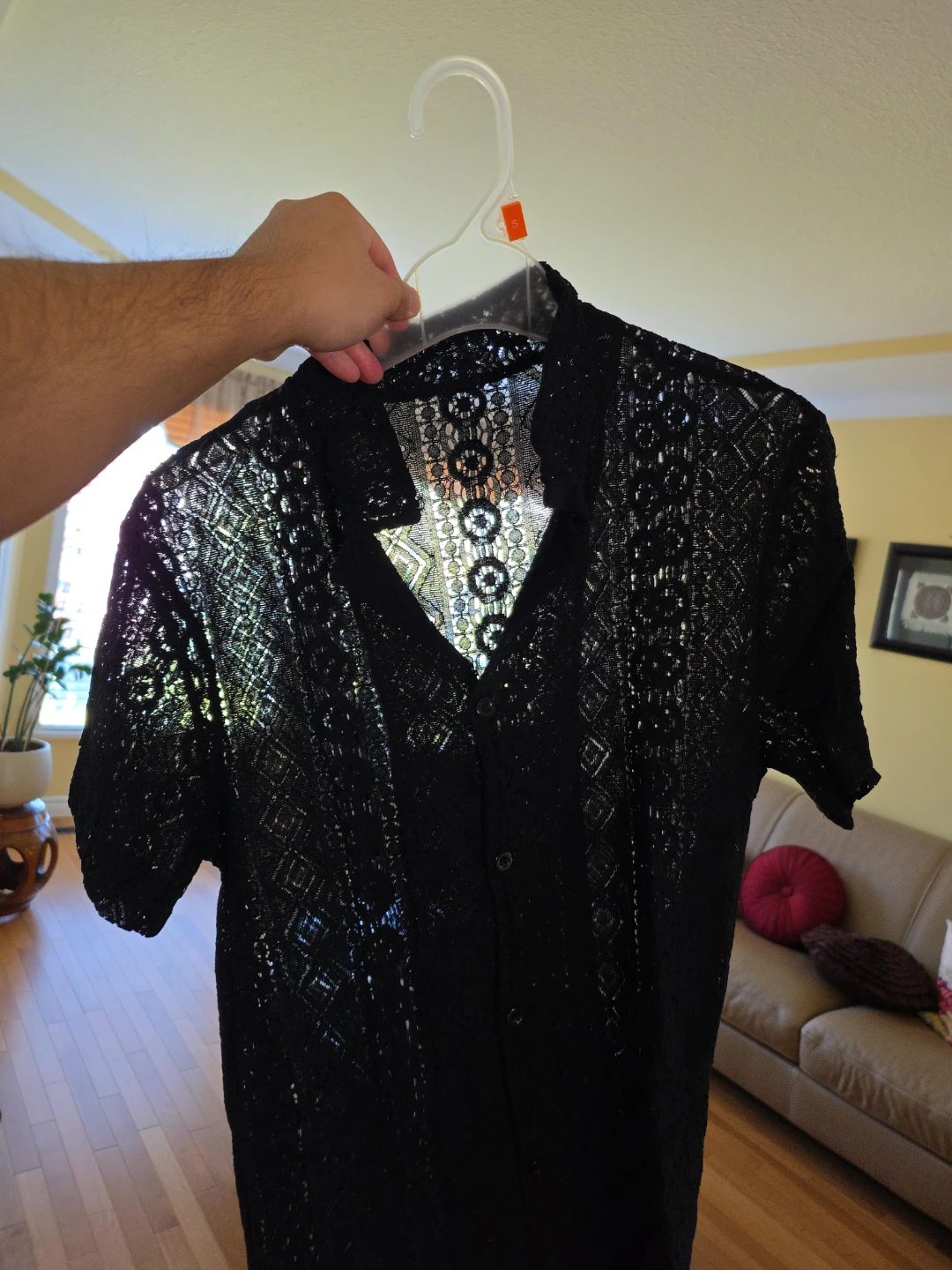 Black Lace Short Sleeve Button-Up Shirt