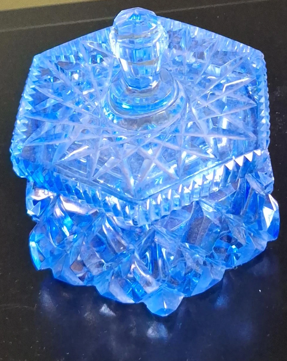 Vintage Blue Cut Glass Trinket Box
