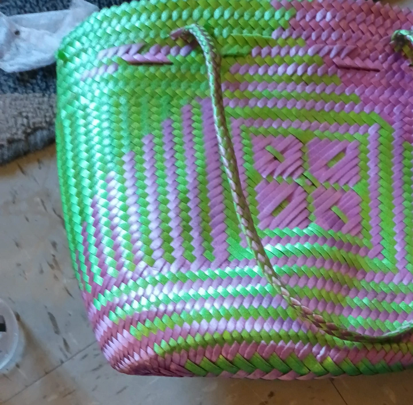 Woven Plastic Tote Bag Pink and Green