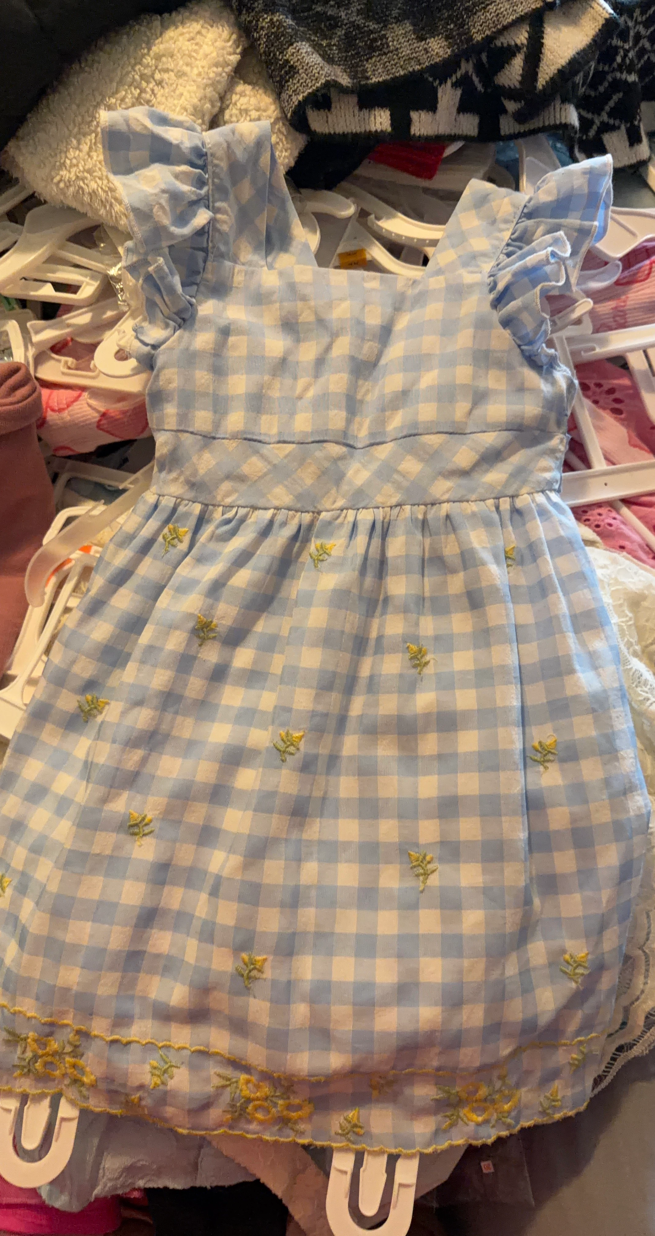Girls Blue Gingham Floral Dress