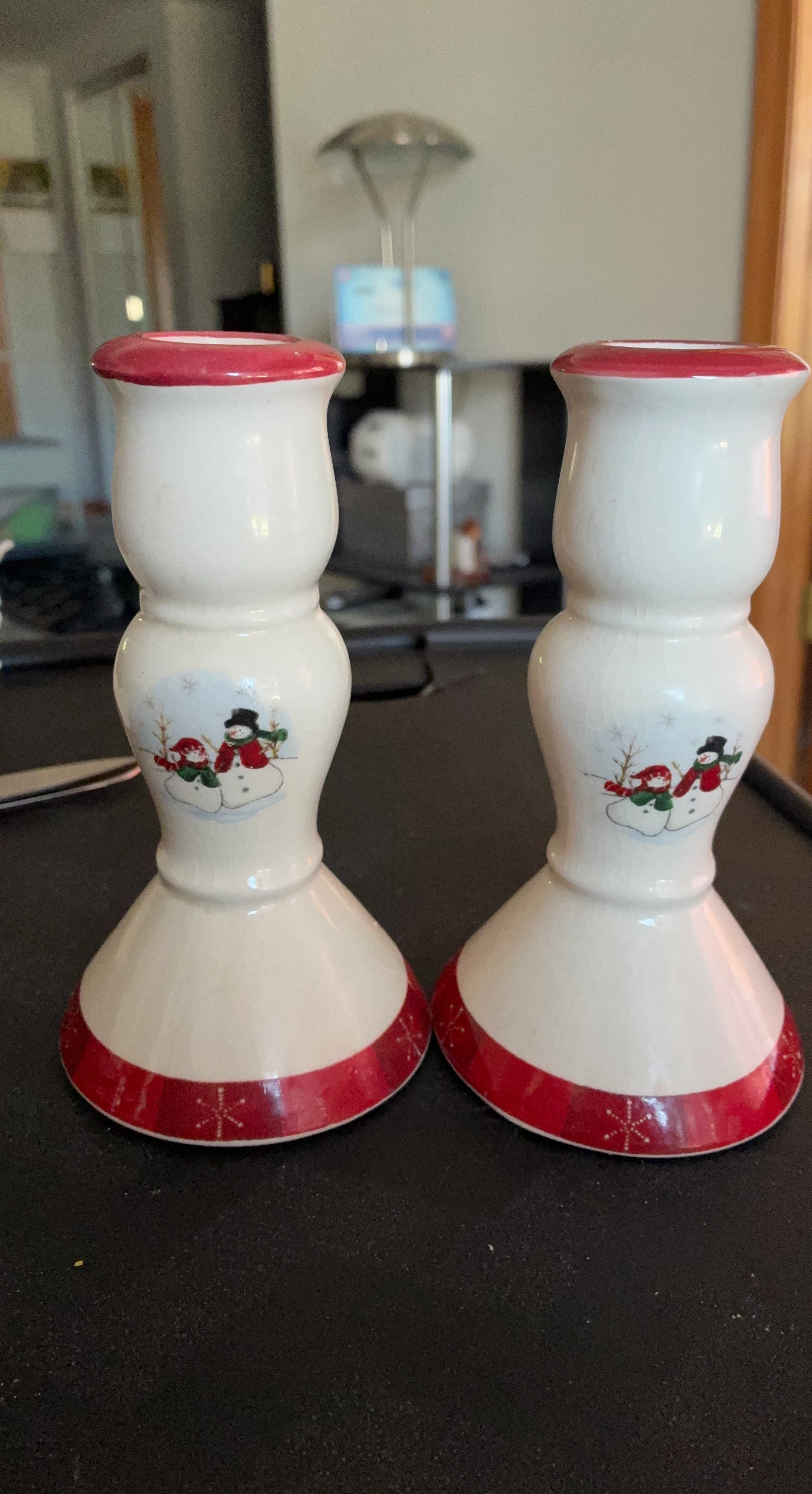 Set of 2 Snowman Ceramic Candle Holders