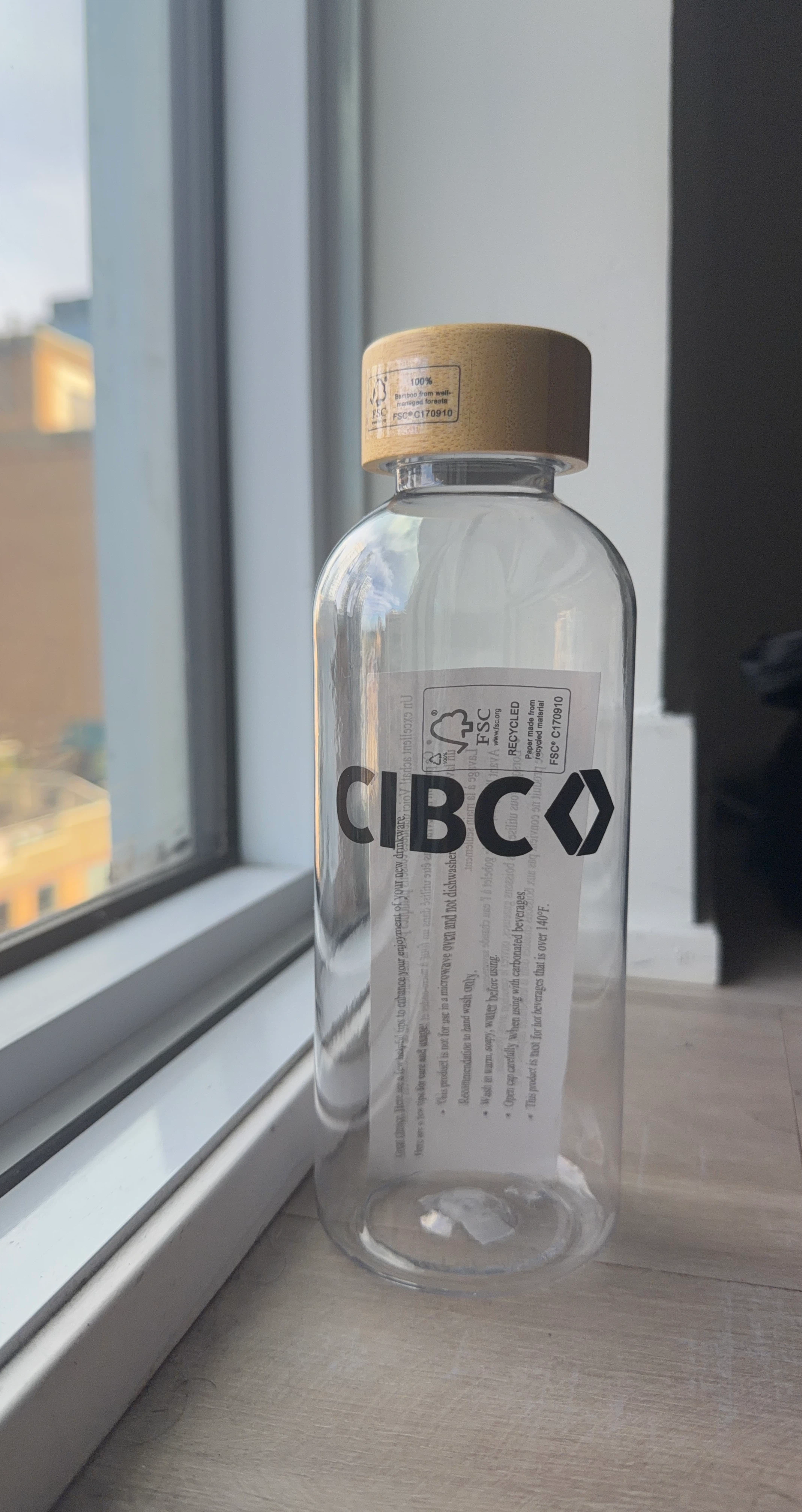 CIBC Clear Water Bottle with Bamboo Lid