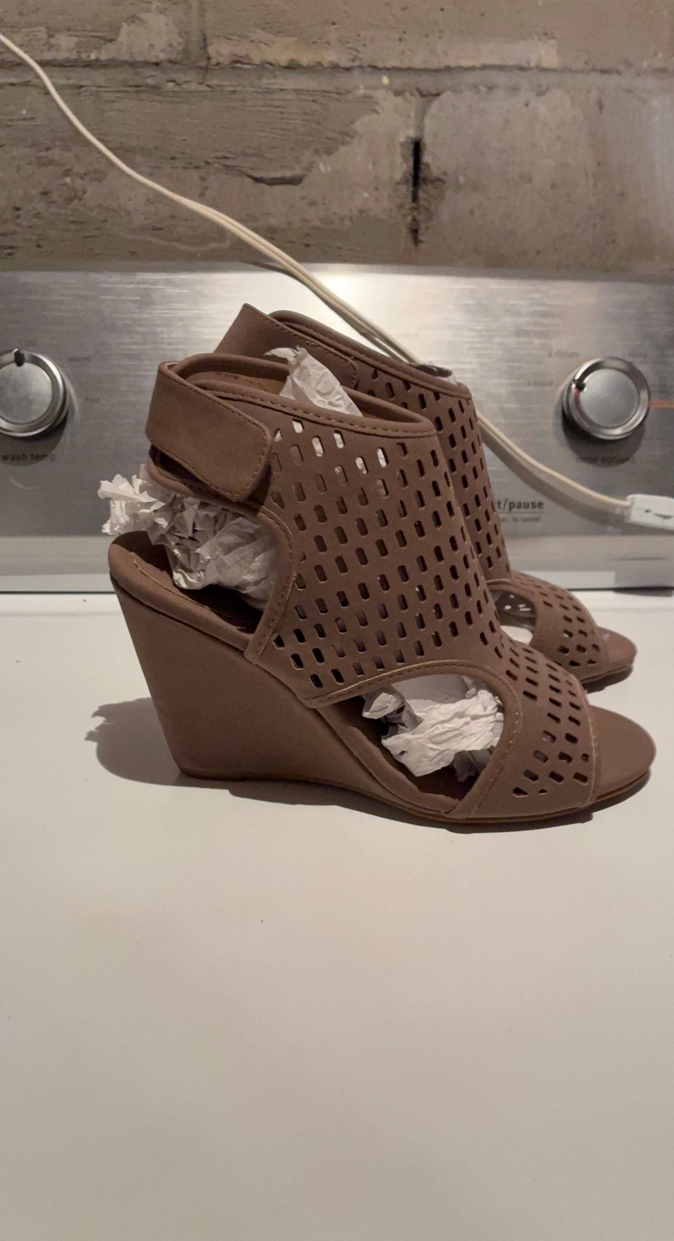 Tan Laser Cut Out Wedge Sandals