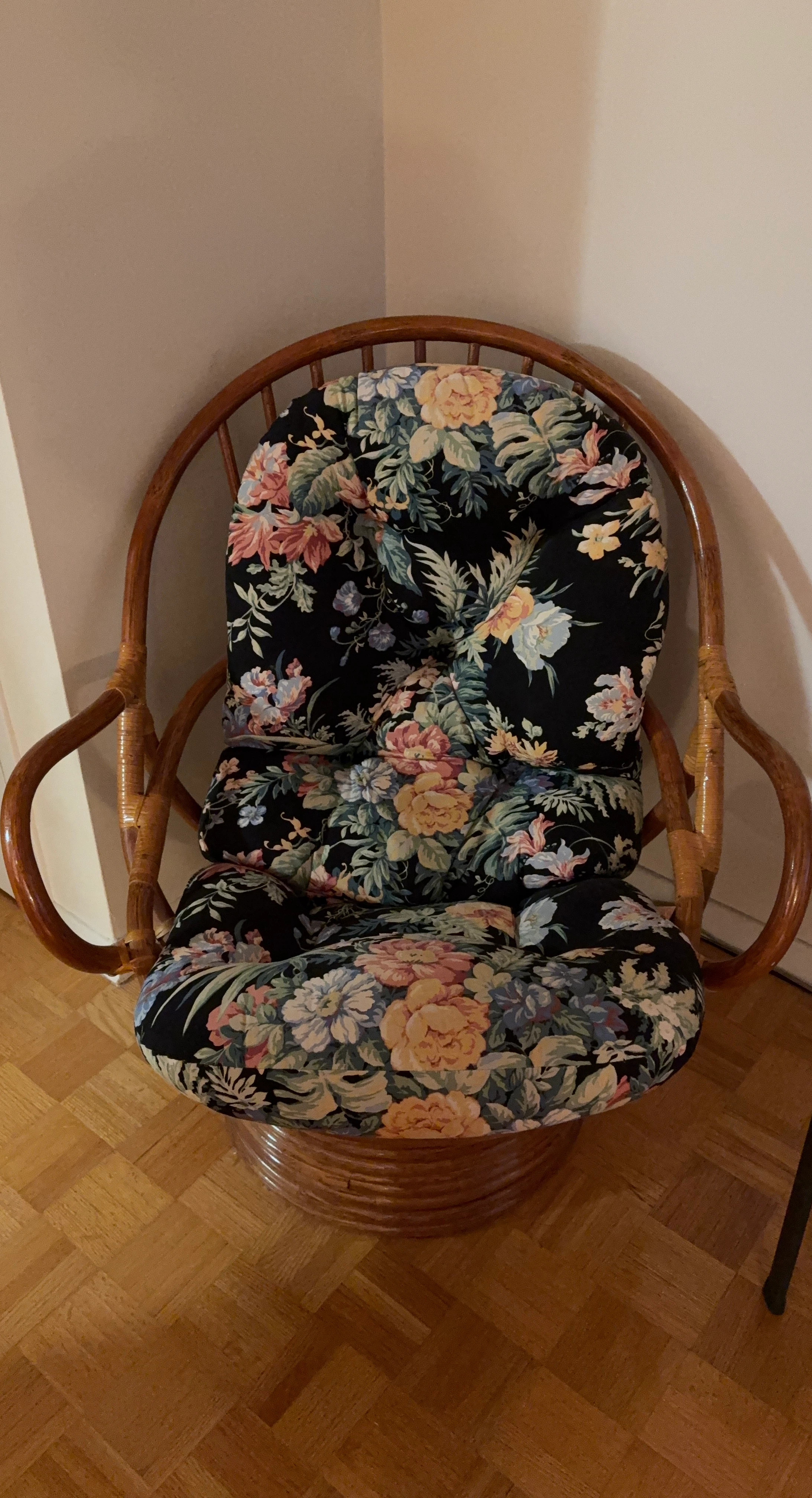 Vintage Rattan Swivel Chair with Floral Cushion