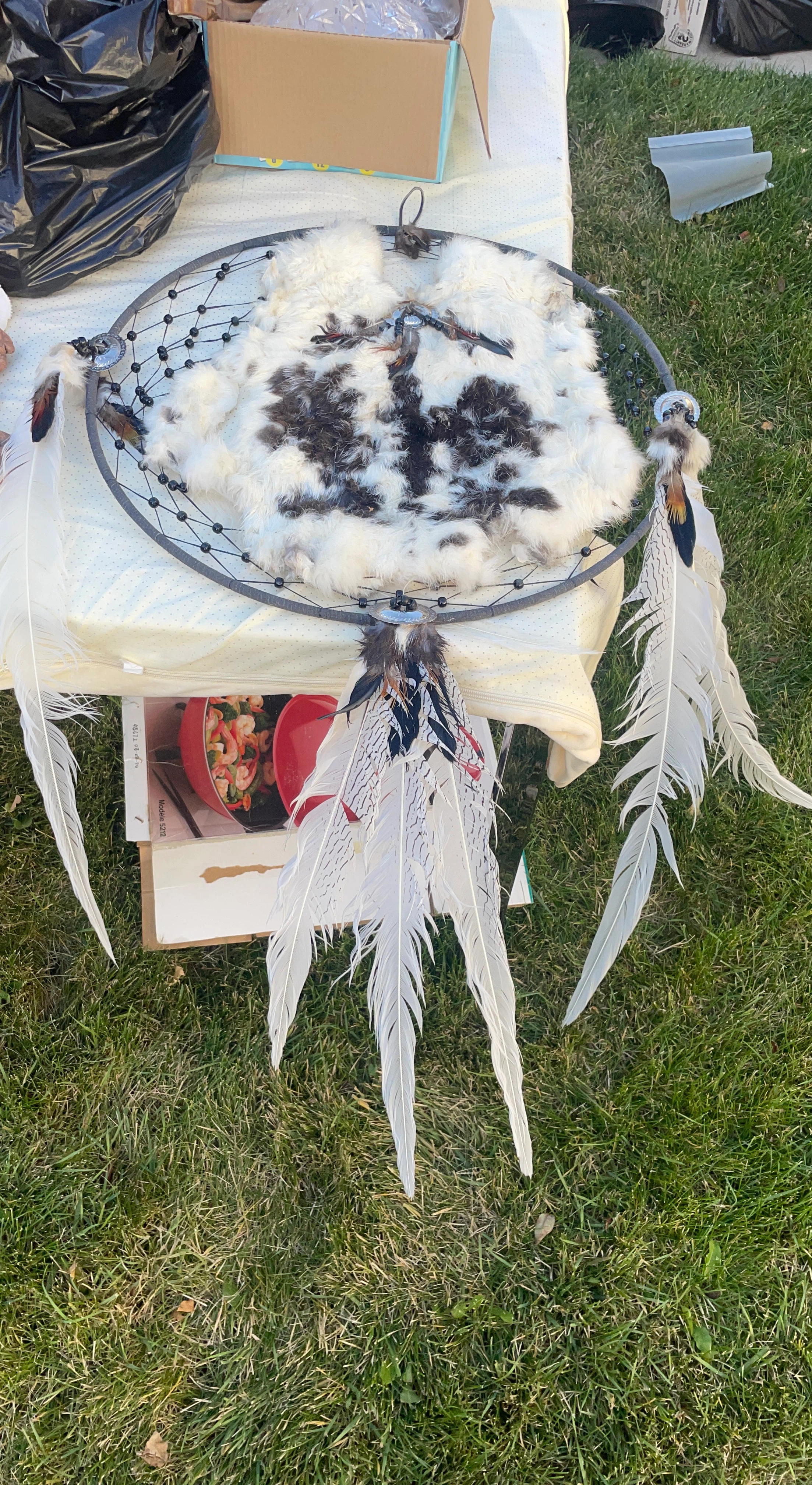 Large Handmade Dream Catcher with Fur and Feathers