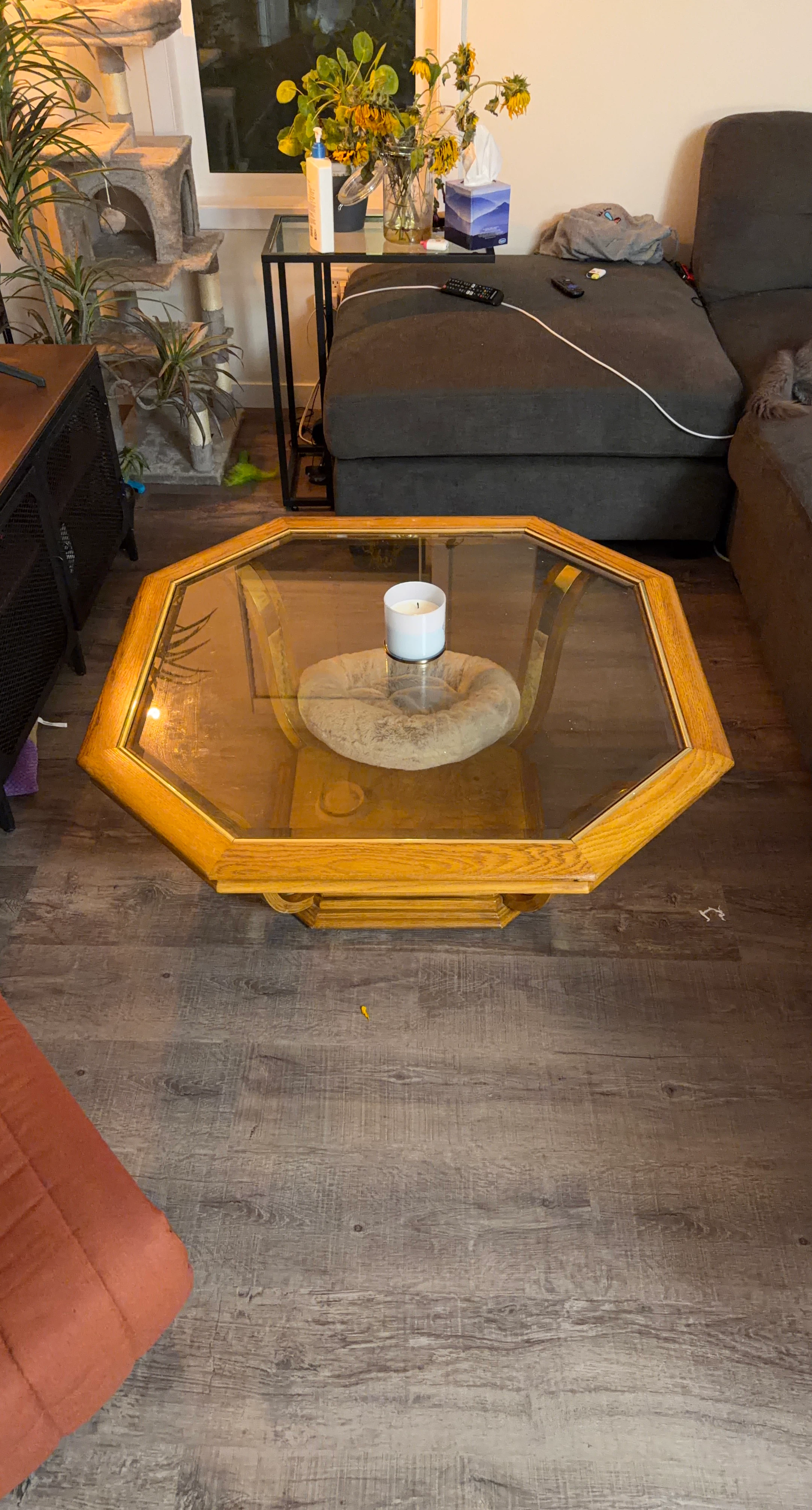 Octagonal Oak Coffee Table with Glass Top