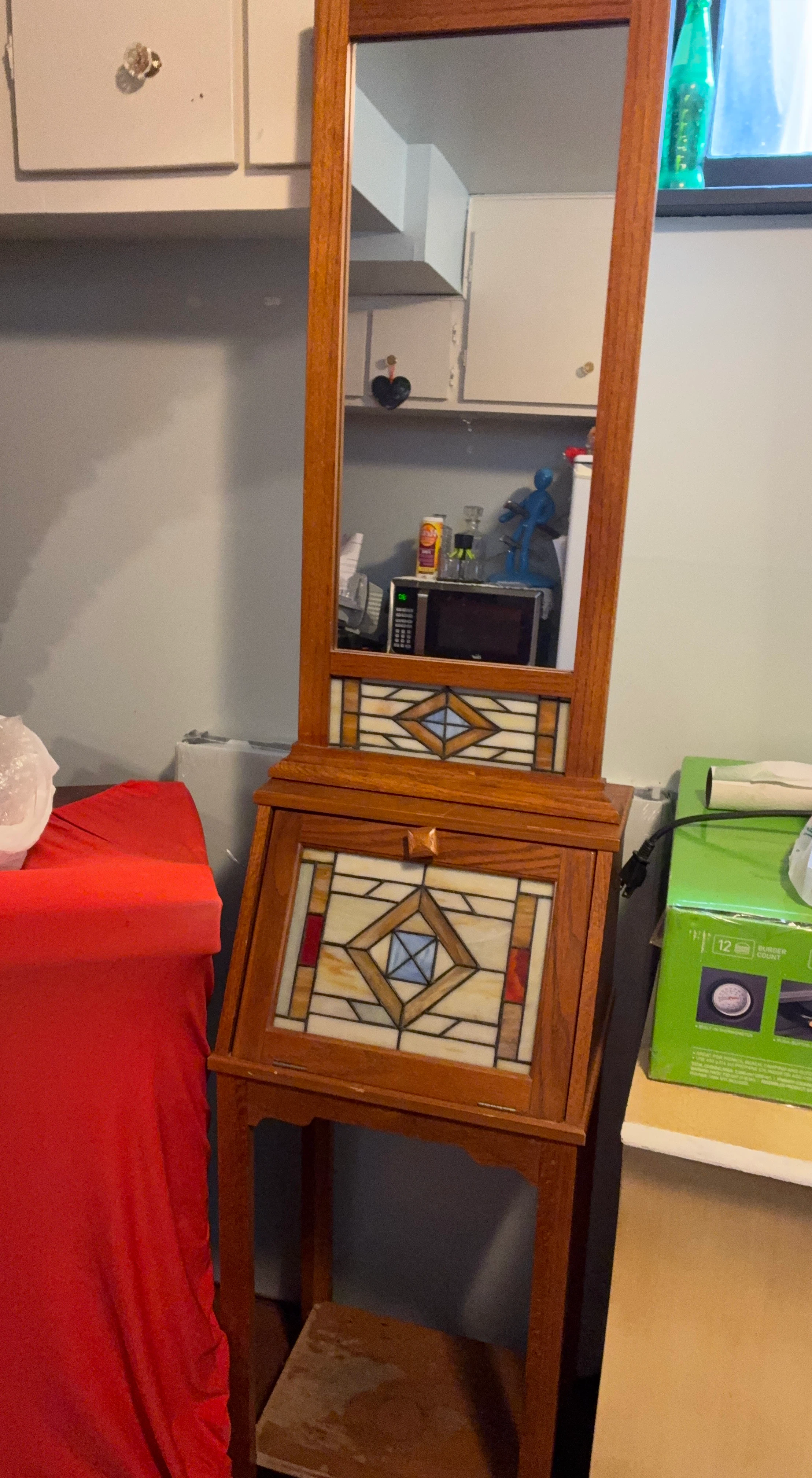 Oak Stained Glass Wall Mirror Cabinet