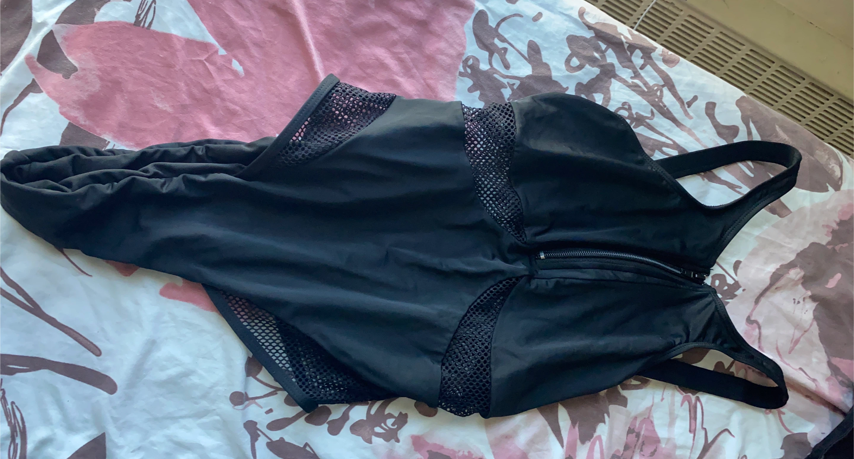 Black mesh panel one-piece swimsuit