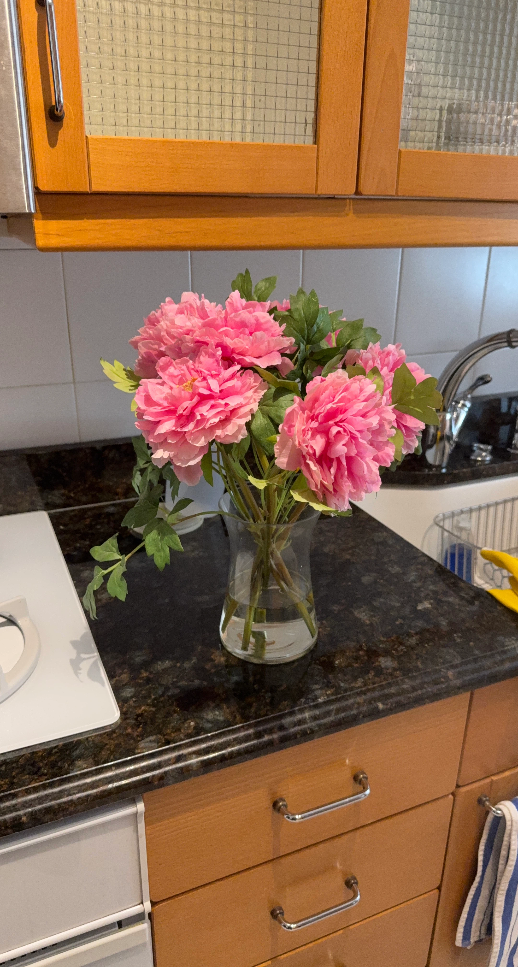 Artificial Pink Peony Bouquet in Glass Vase