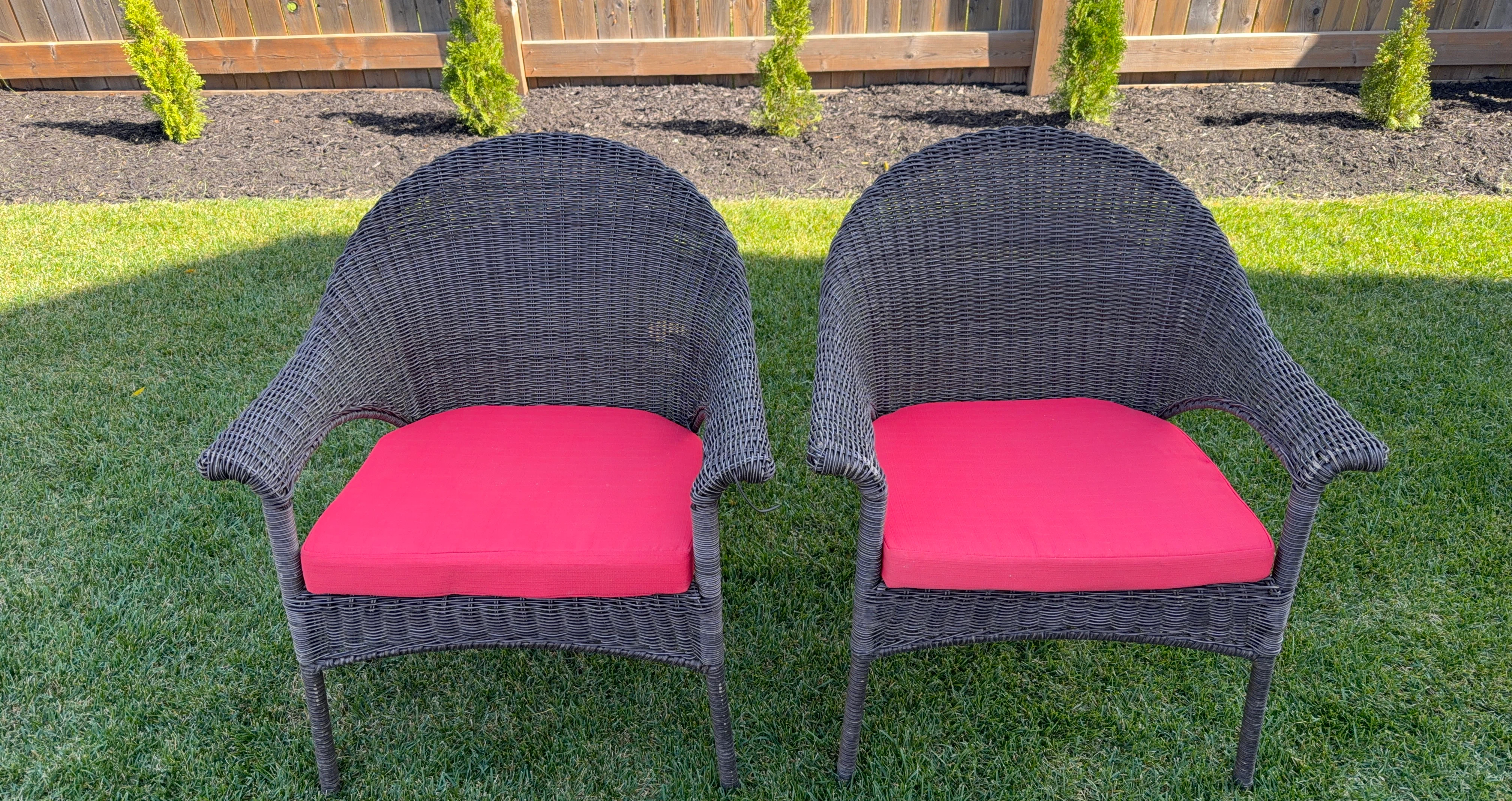 Set of Two Wicker Patio Chairs with Red Cushions
