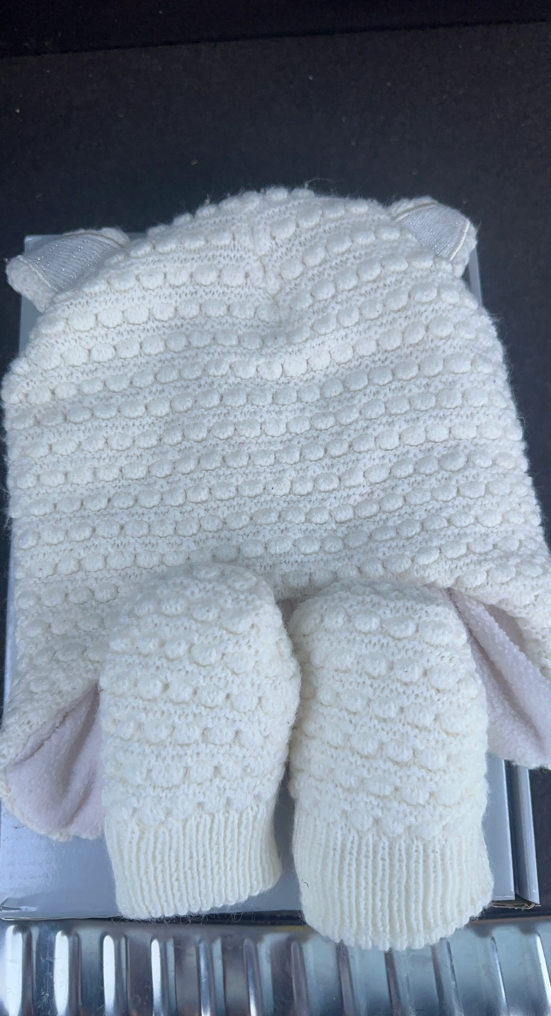 White Knitted Baby Hat and Mittens Set