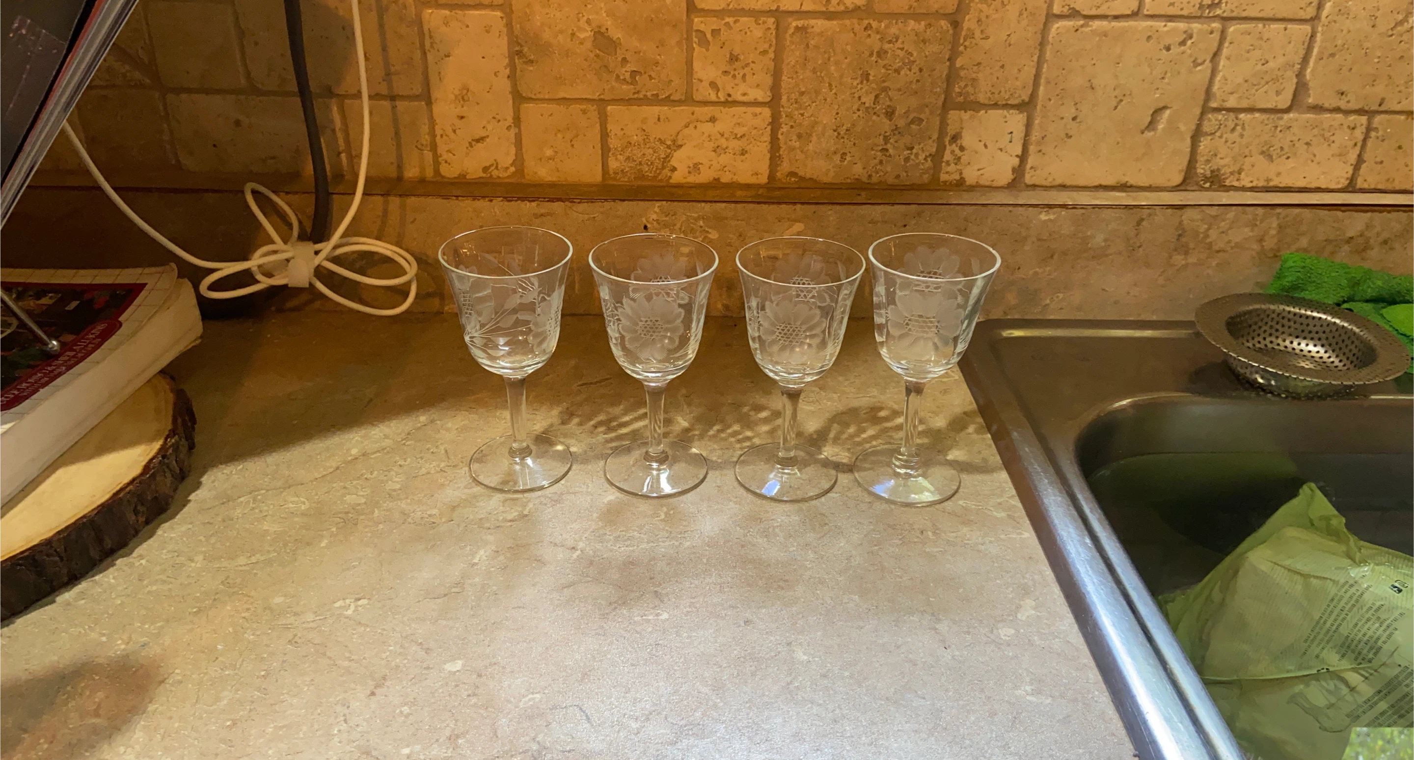Set of 4 Etched Floral Wine Glasses