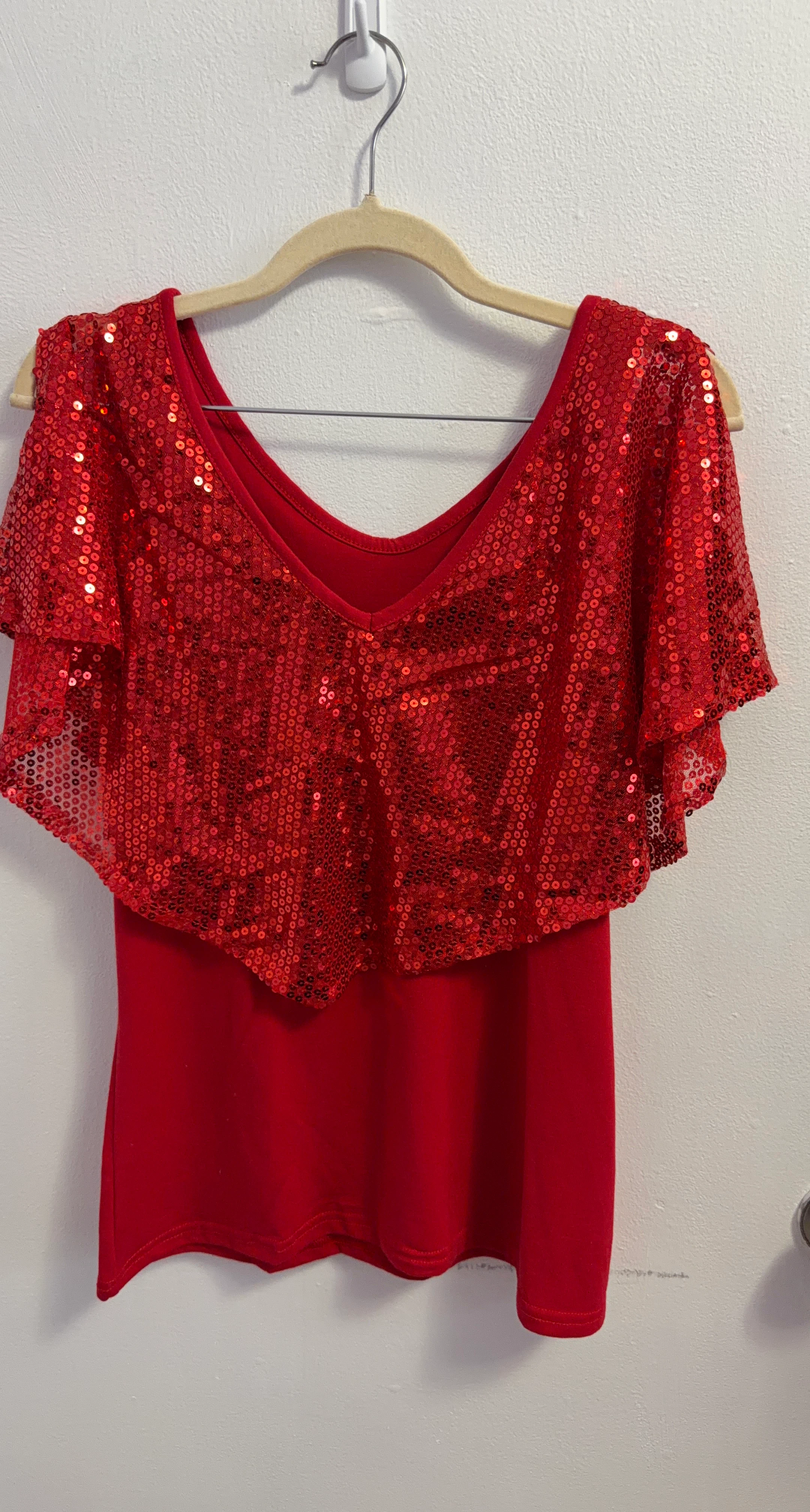 Red Sequin V-Neck Blouse