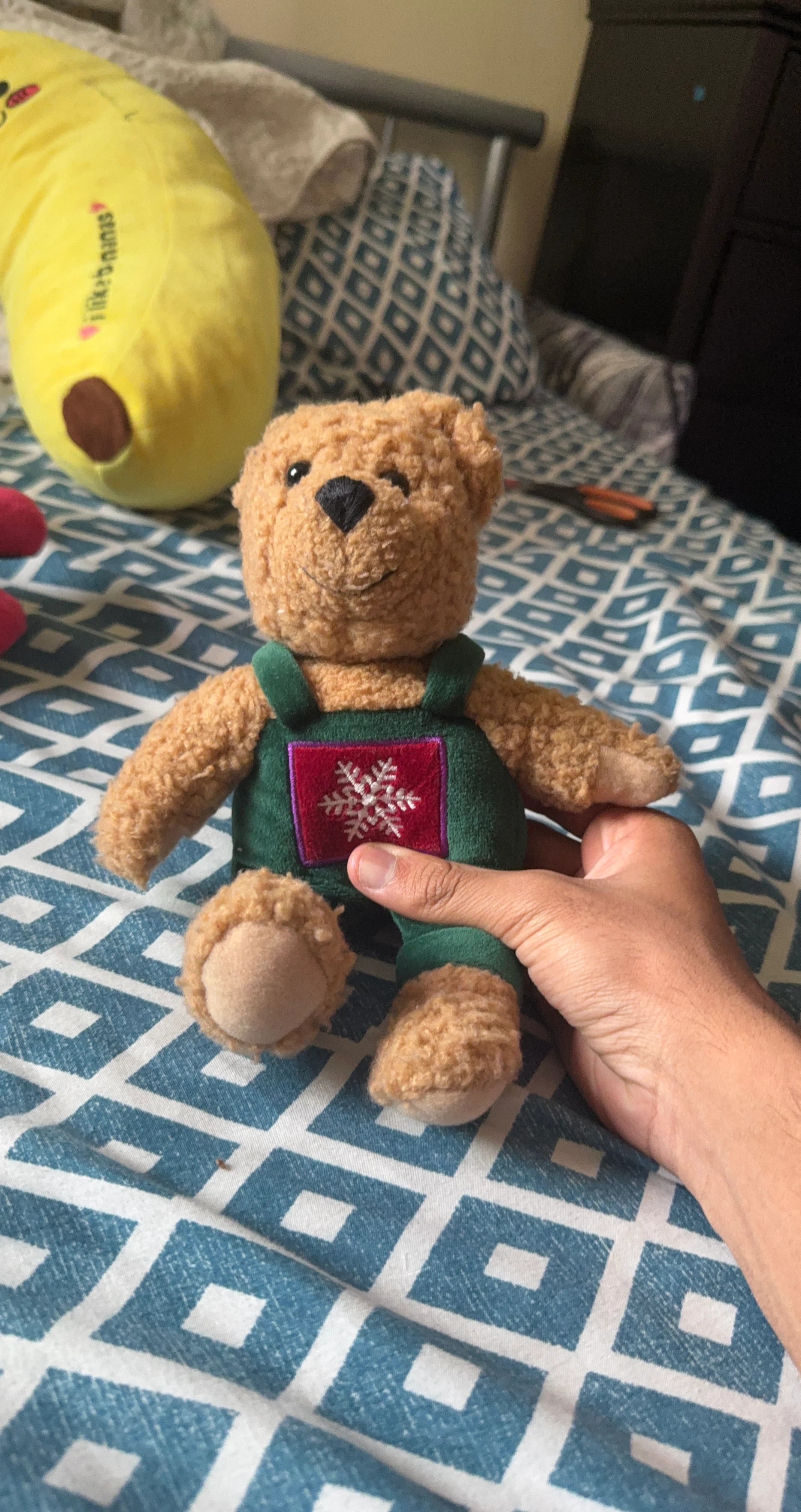 Small Plush Teddy Bear with Snowflake Overalls