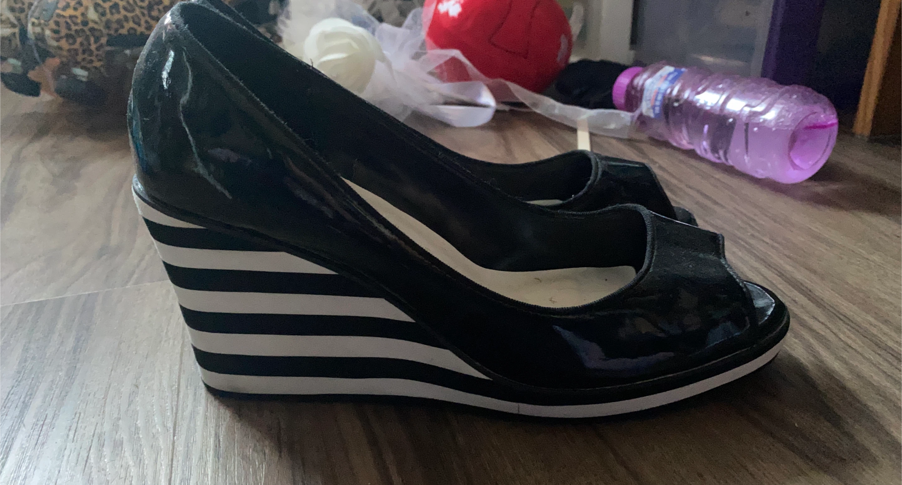 Black Patent Peep-Toe Wedges with Striped Heels