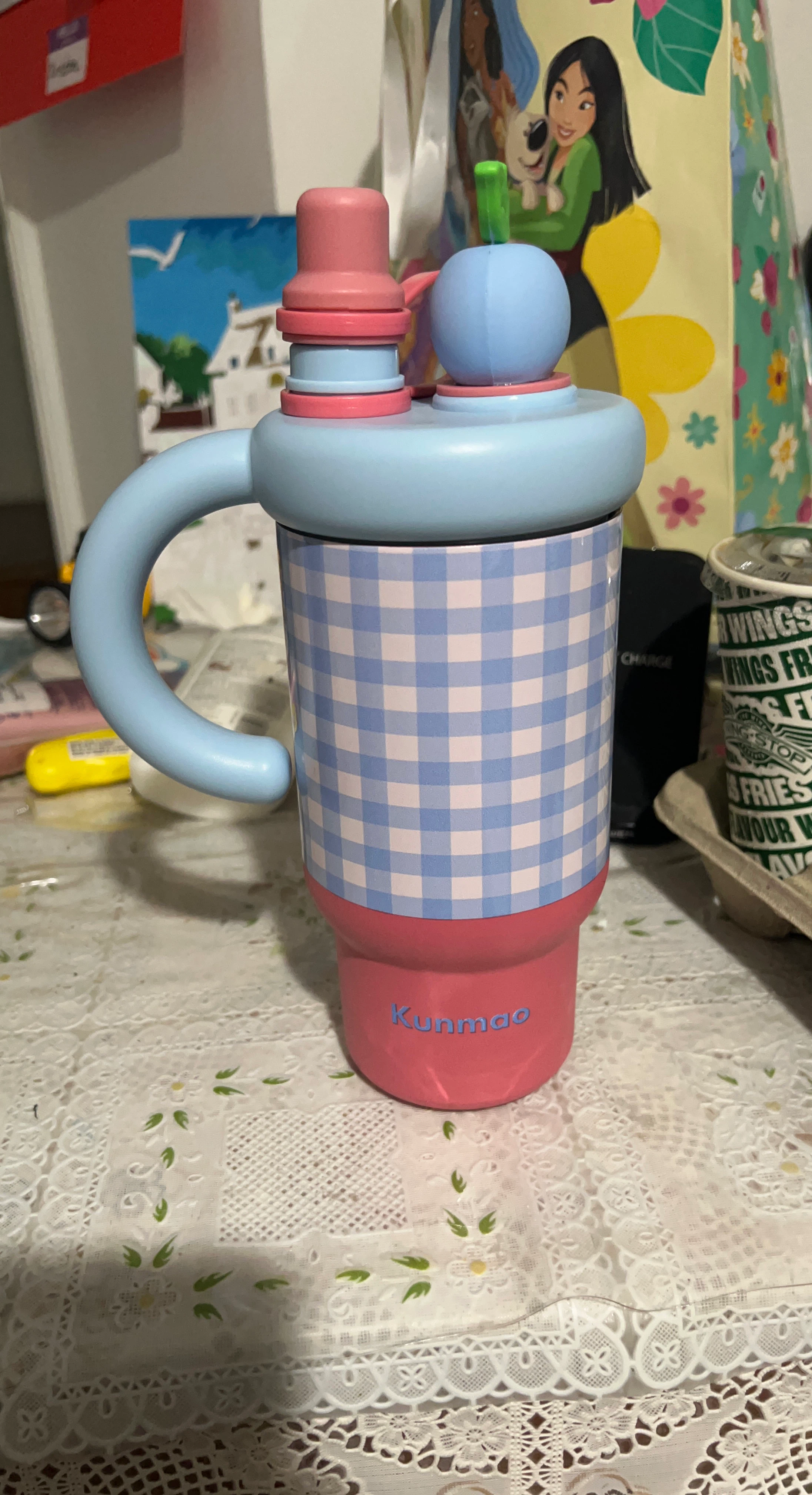 Kunmao Gingham Pattern Tumbler with Handle