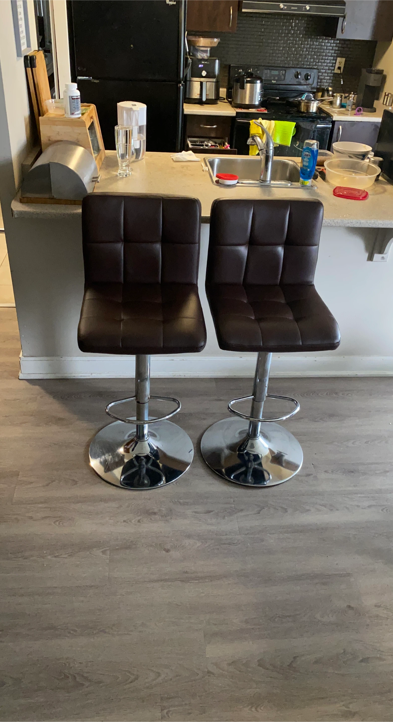 Set of Two Brown Faux Leather Adjustable Bar Stools