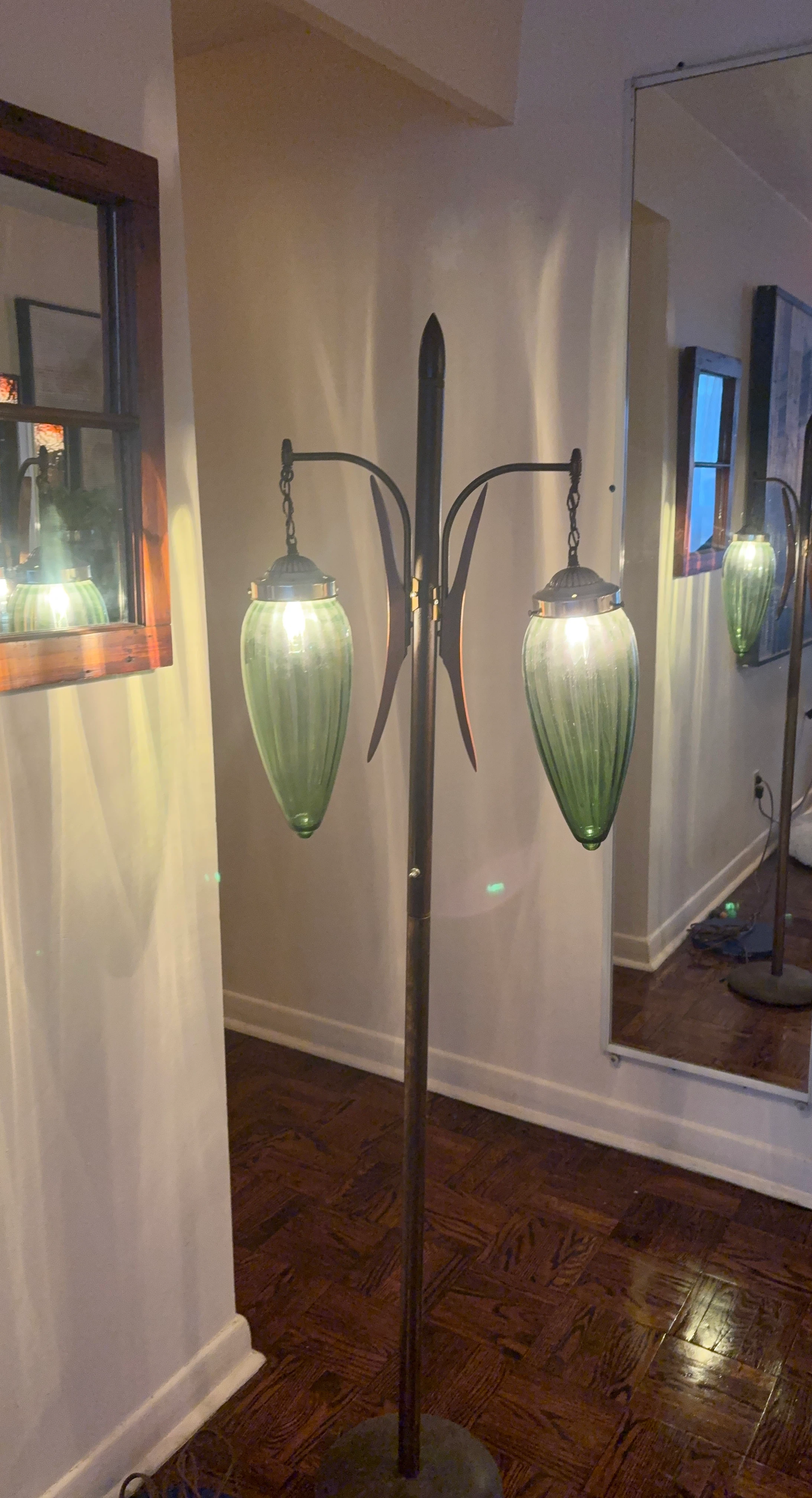 Vintage Dual-Light Floor Lamp with Green Glass Shades