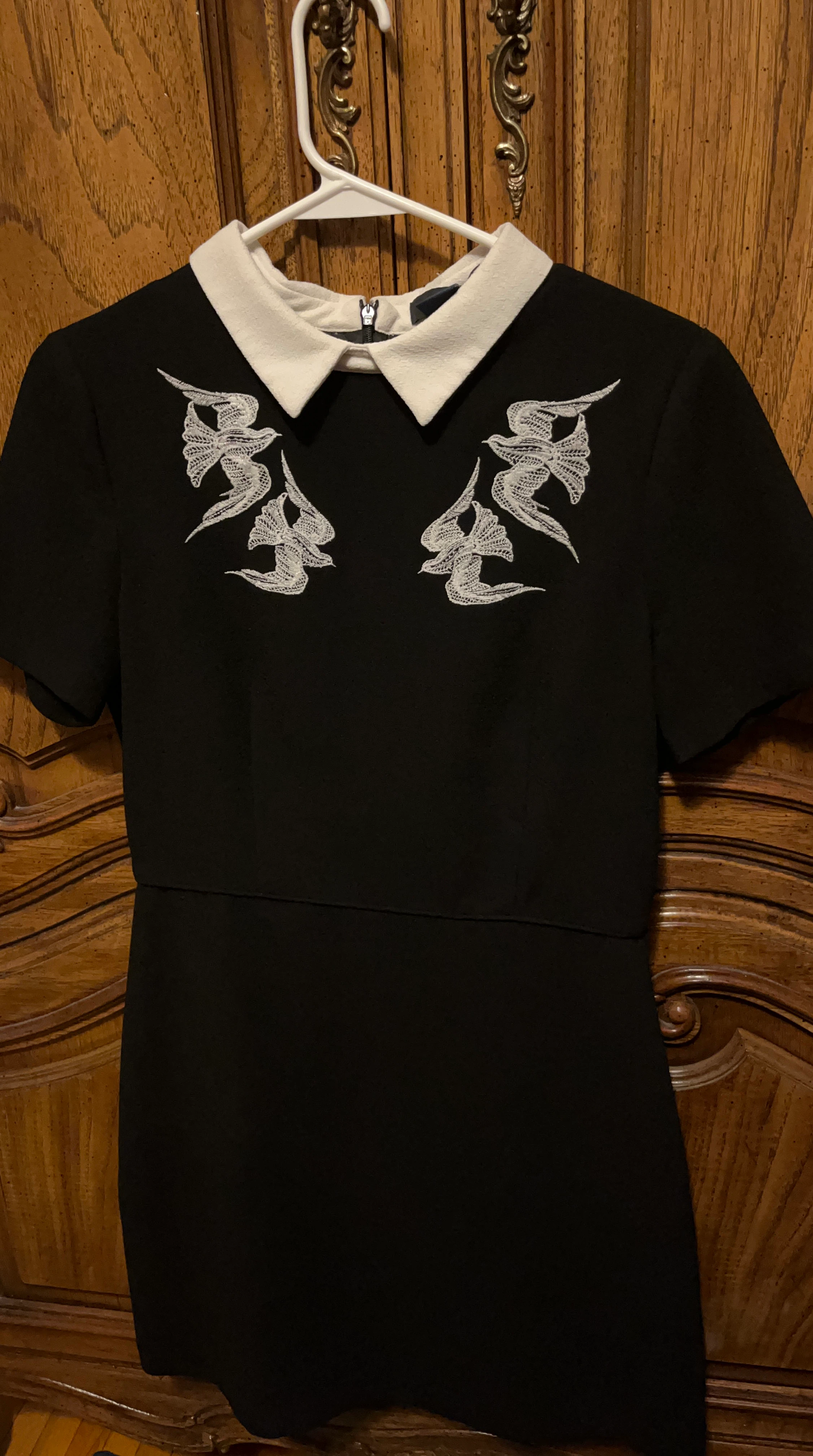 Woman’s Black Dress with White Collar and Bird Embroidery