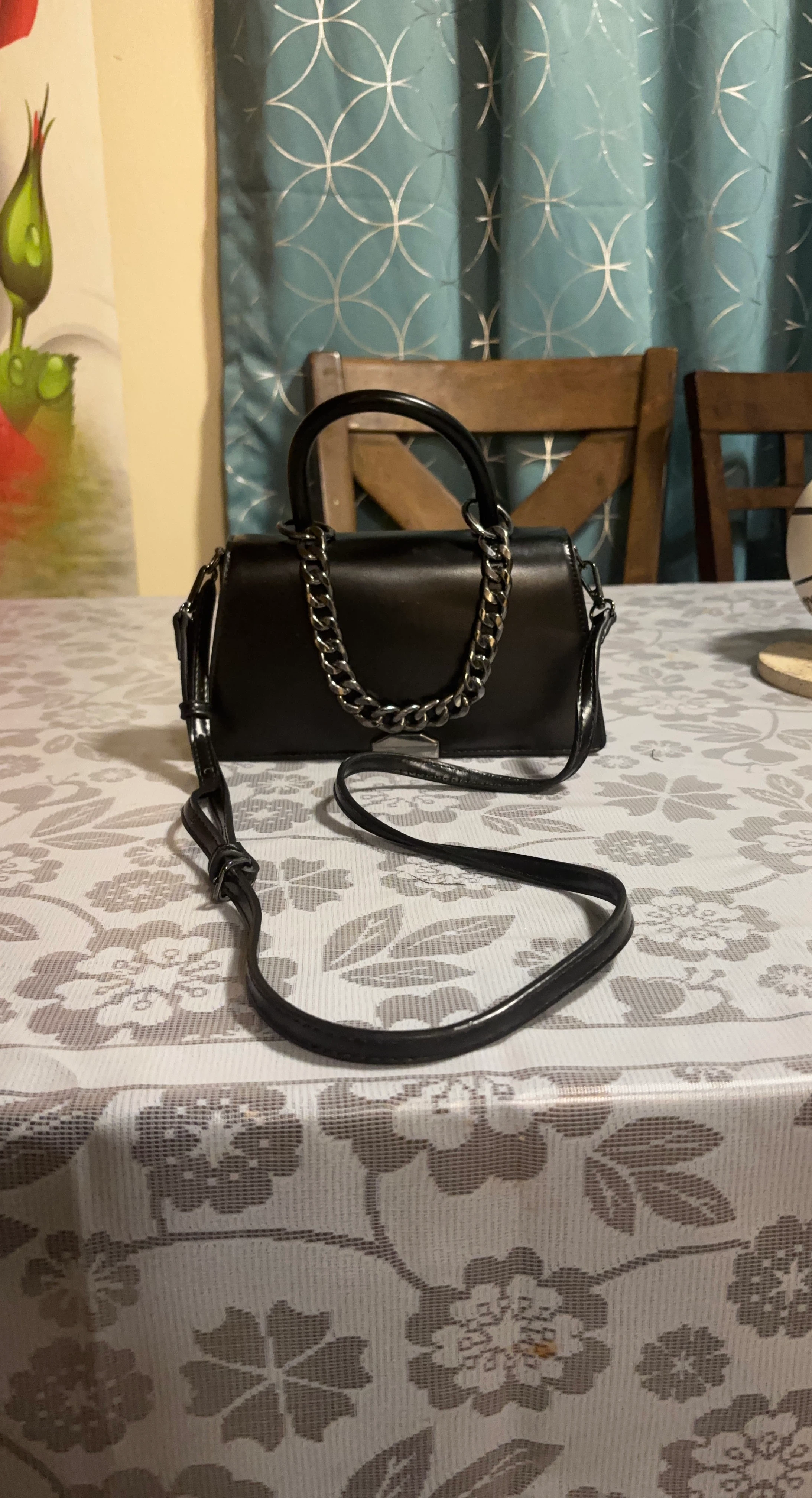 Black Structured Handbag with Chain Detail