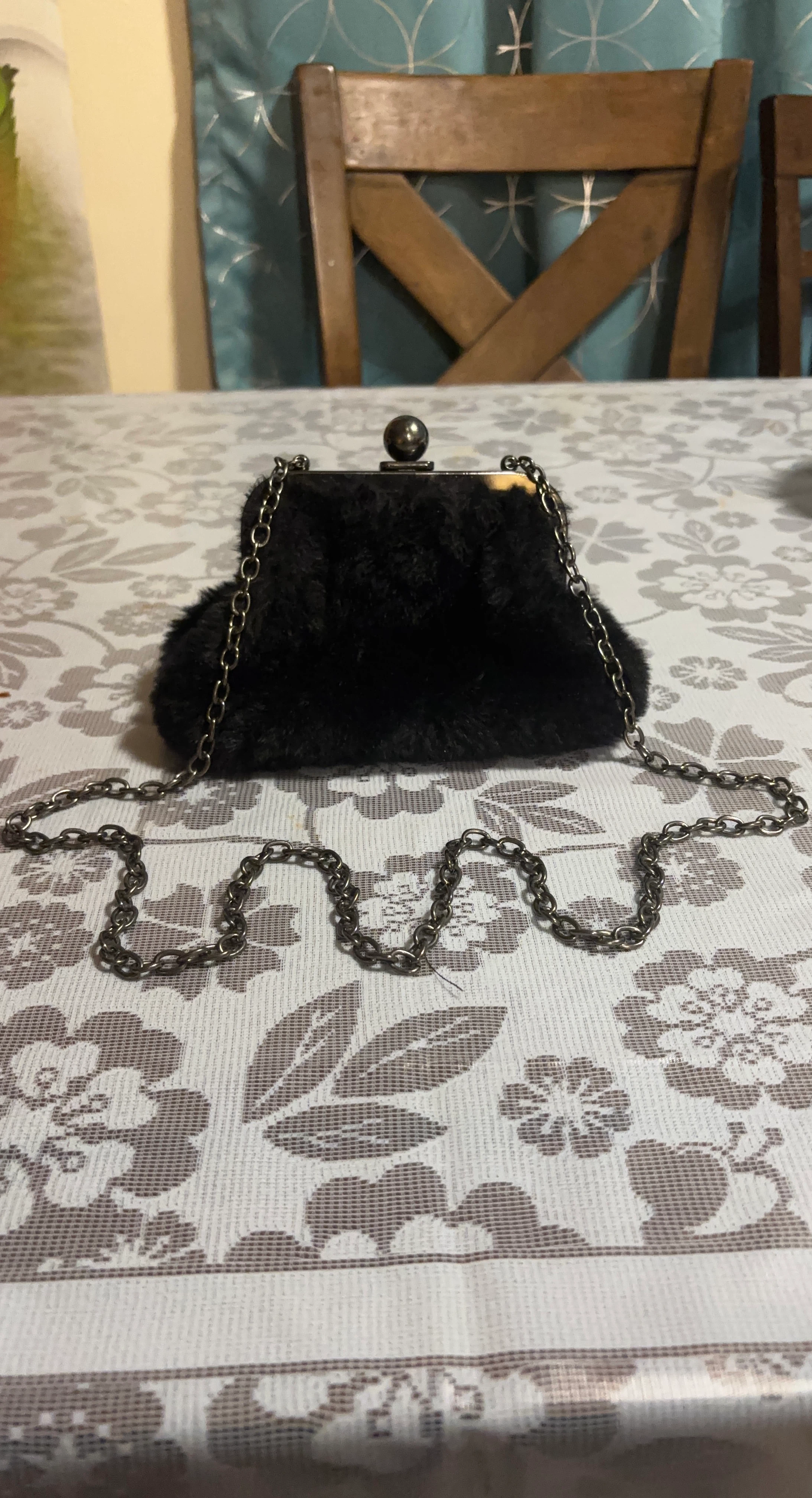 Black Faux Fur Clutch with Chain Strap
