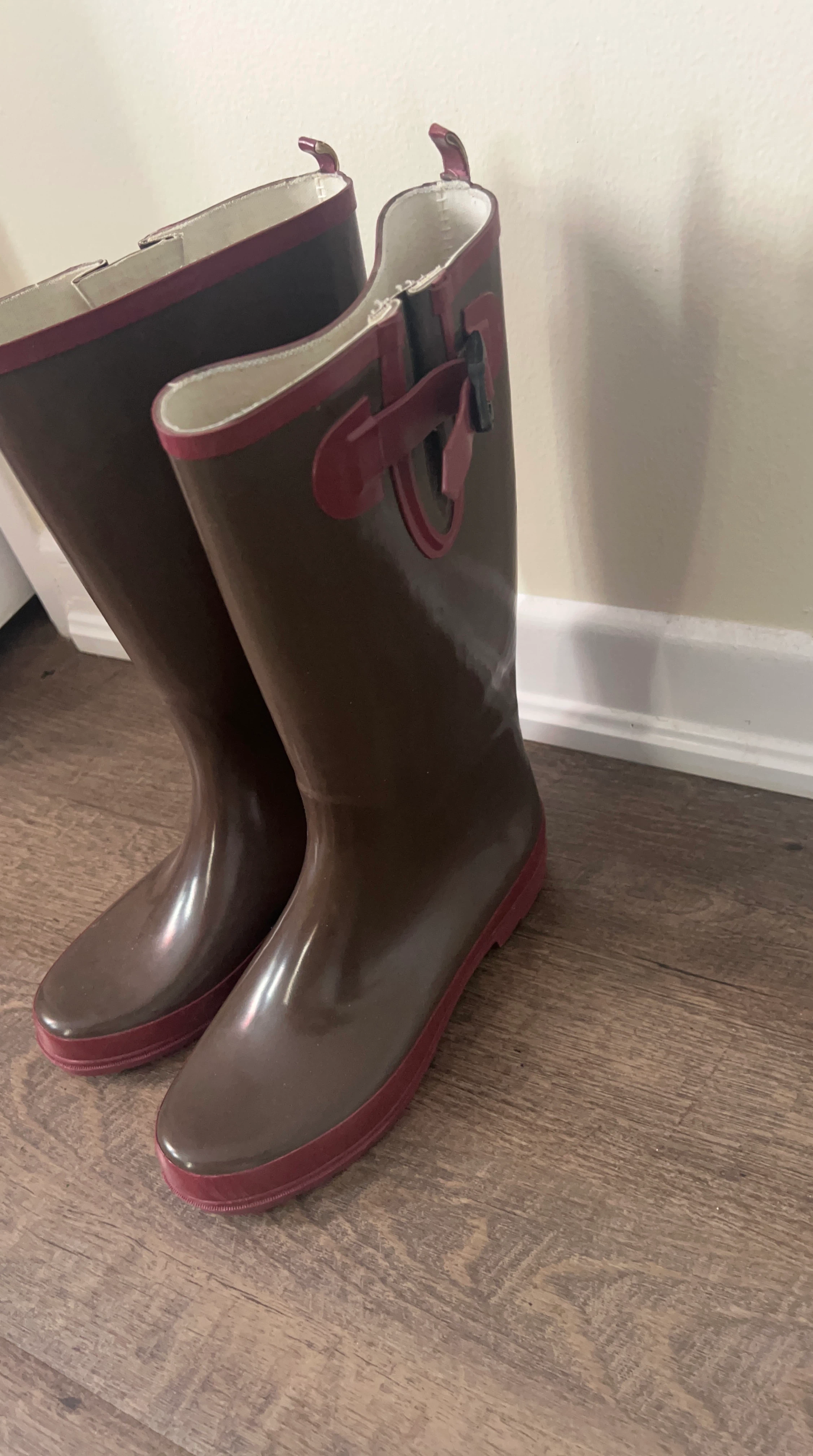 Brown Rubber Rain Boots with Red Trim