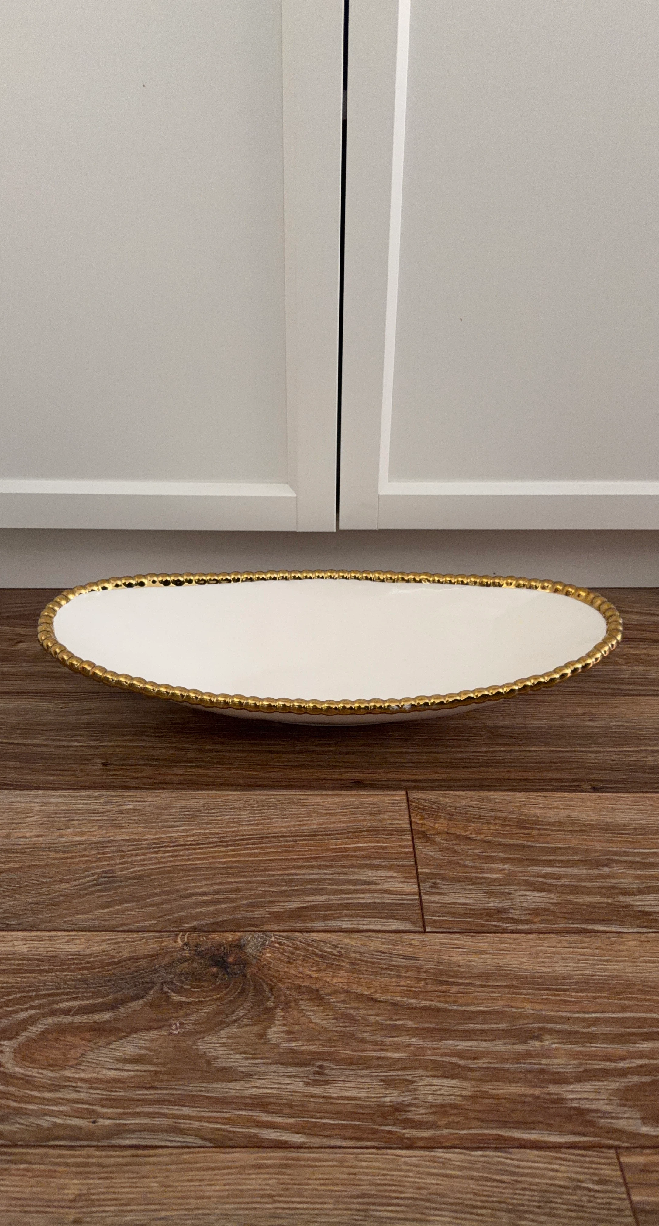 White Oval Serving Platter with Gold Beaded Edge