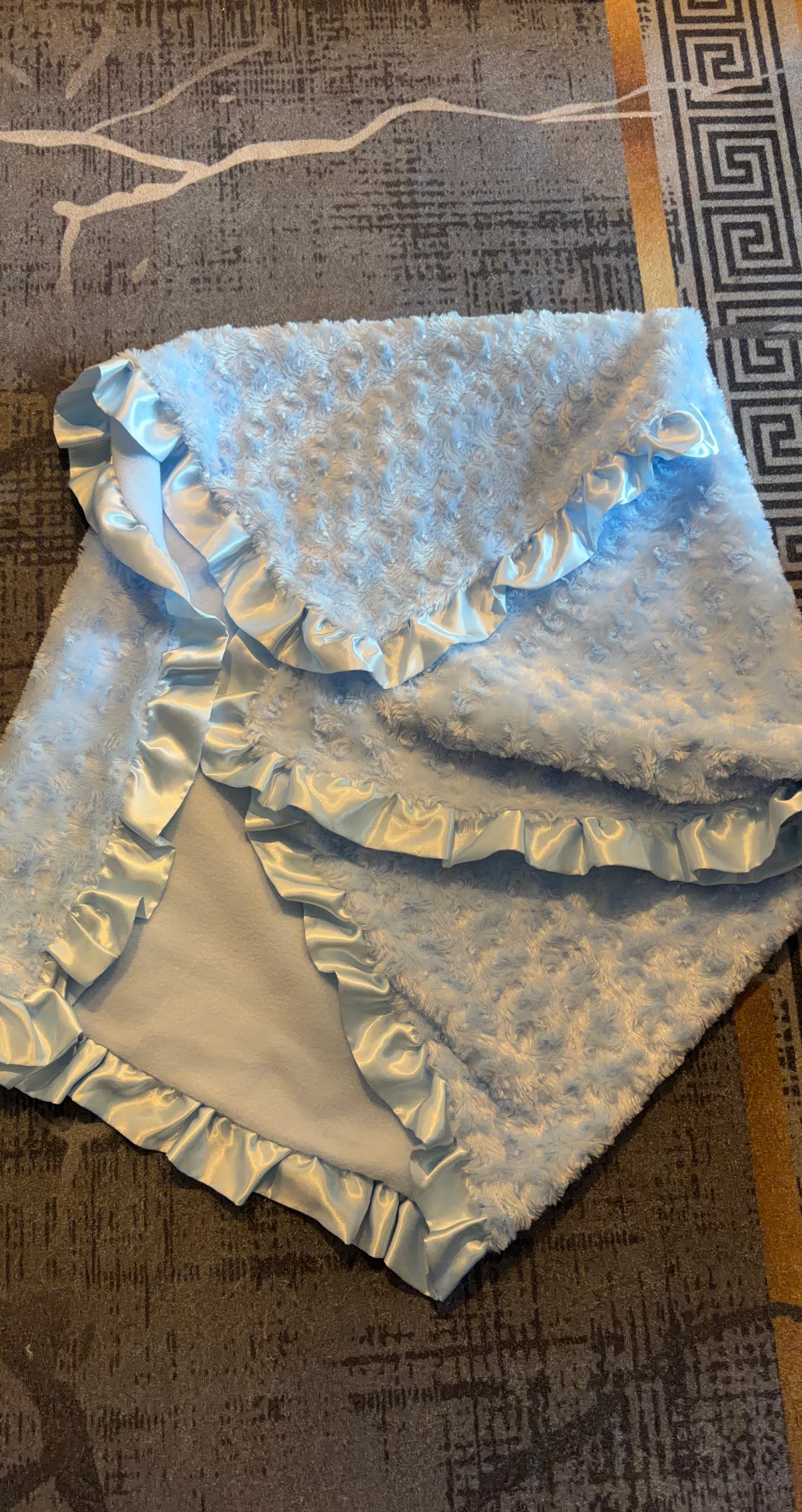 Light Blue Minky Baby Blanket with Ruffled Trim