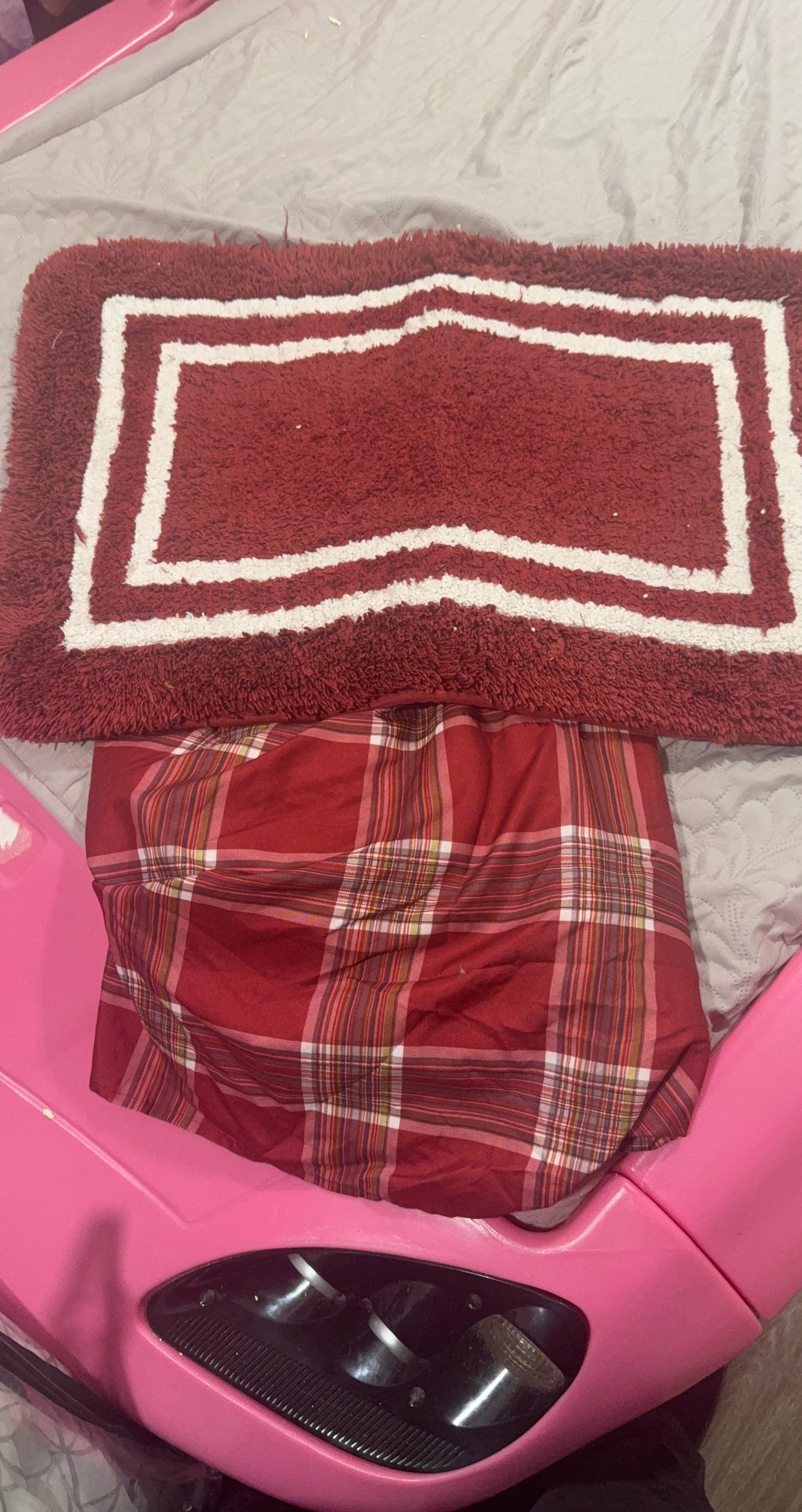 Red Bath Mat and Plaid Sheet Set