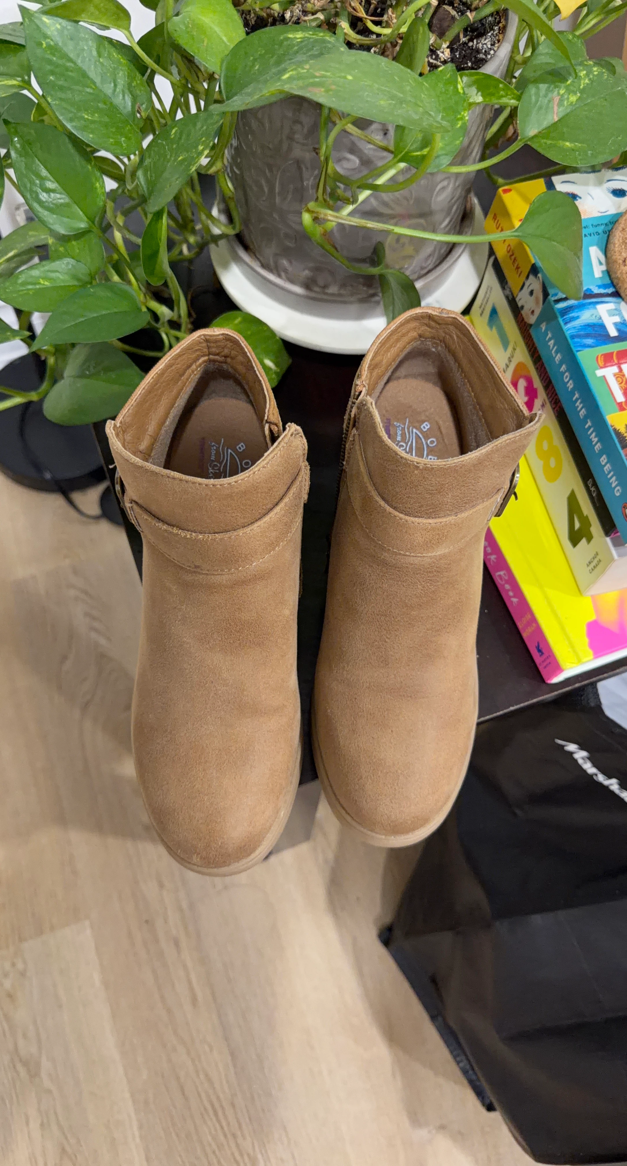 BOBS from Skechers tan wedge ankle boots (size 7)