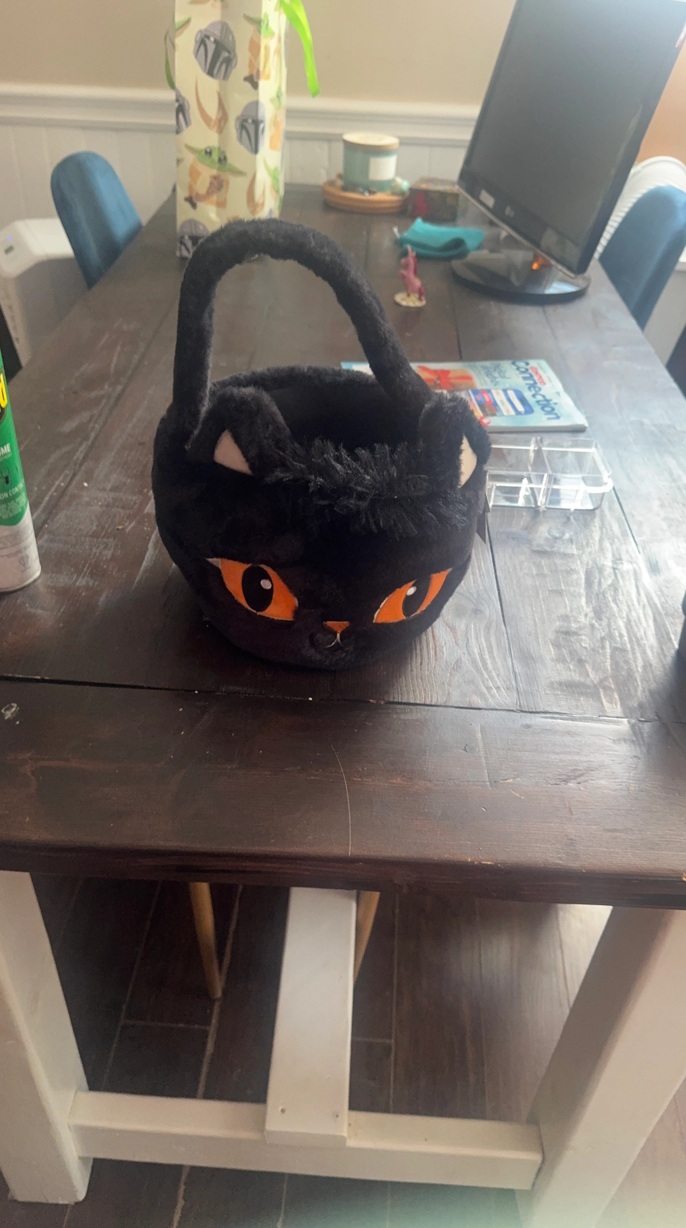 Plush Black Cat Halloween Treat Basket
